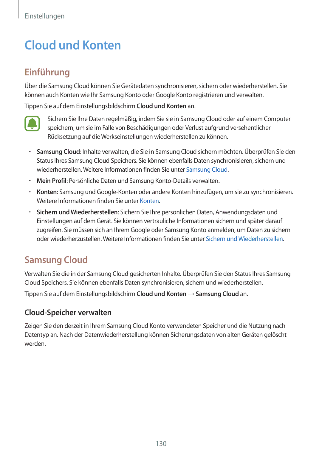 Samsung SM-J530FZSACOS, SM-J530FZDATCL, SM-J530FZSAEUR manual Cloud und Konten, Samsung Cloud, Cloud-Speicher verwalten 