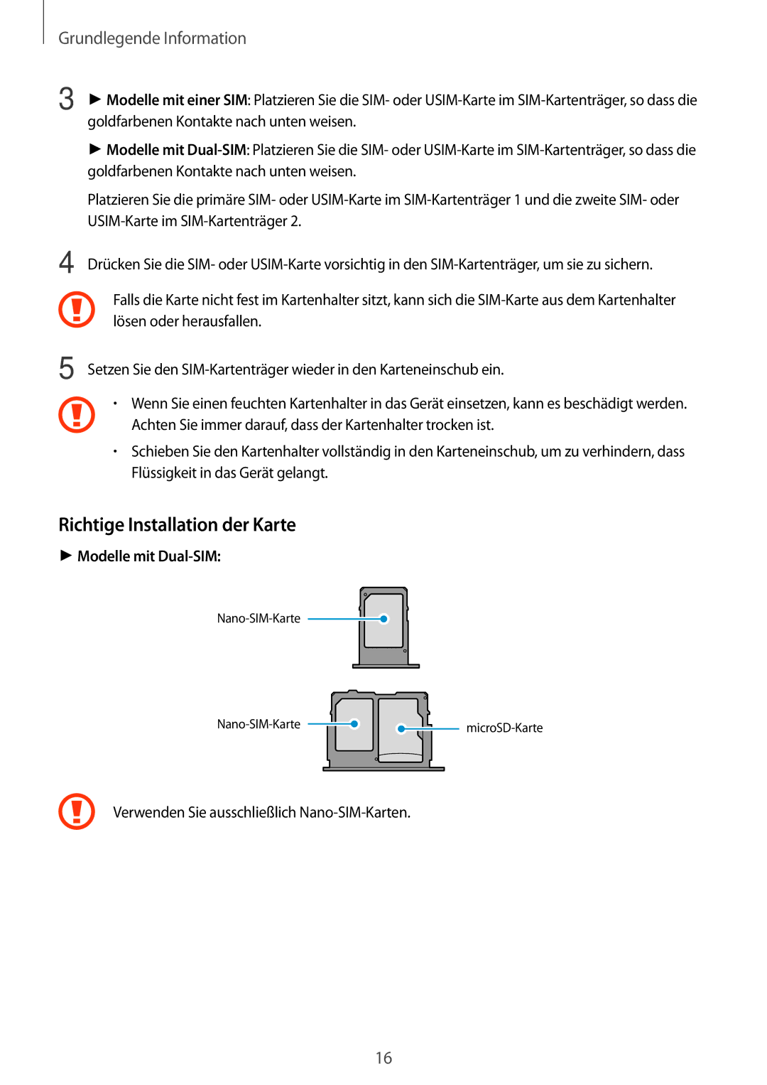 Samsung SM-J530FZKATCL, SM-J530FZDATCL, SM-J530FZSAEUR, SM-J530FZSADDE Richtige Installation der Karte, Modelle mit Dual-SIM 