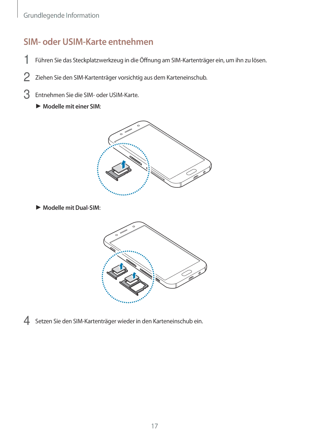 Samsung SM-J530FZKAVD2, SM-J530FZDATCL manual SIM- oder USIM-Karte entnehmen, Modelle mit einer SIM Modelle mit Dual-SIM 