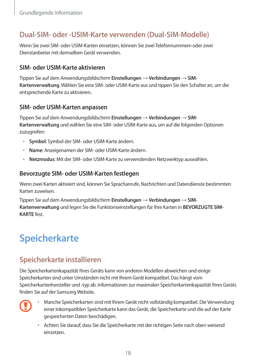 Samsung SM-J530FZDABOG manual Dual-SIM- oder -USIM-Karte verwenden Dual-SIM-Modelle, Speicherkarte installieren 