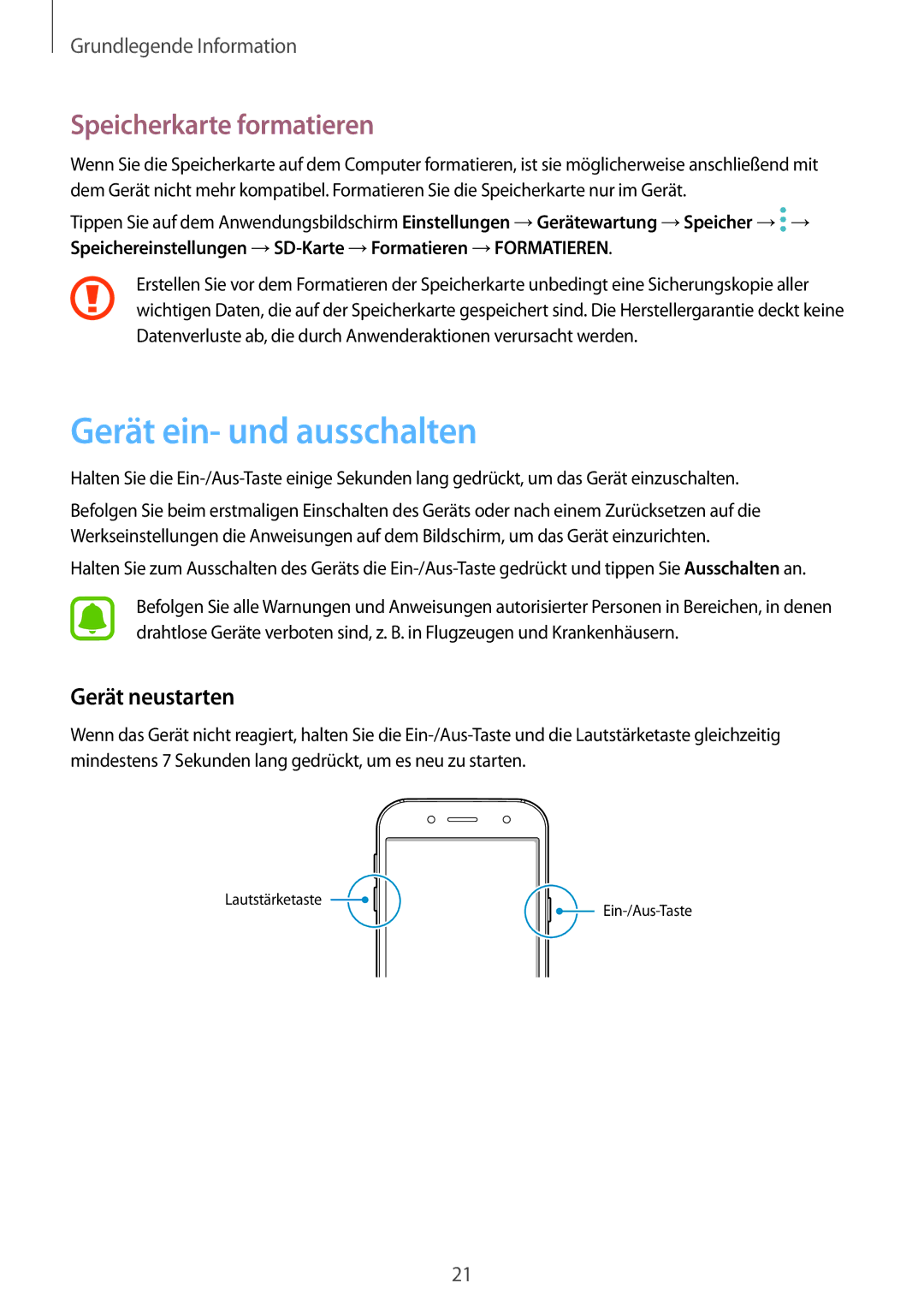 Samsung SM-J530FZKABOG, SM-J530FZDATCL manual Gerät ein- und ausschalten, Speicherkarte formatieren, Gerät neustarten 