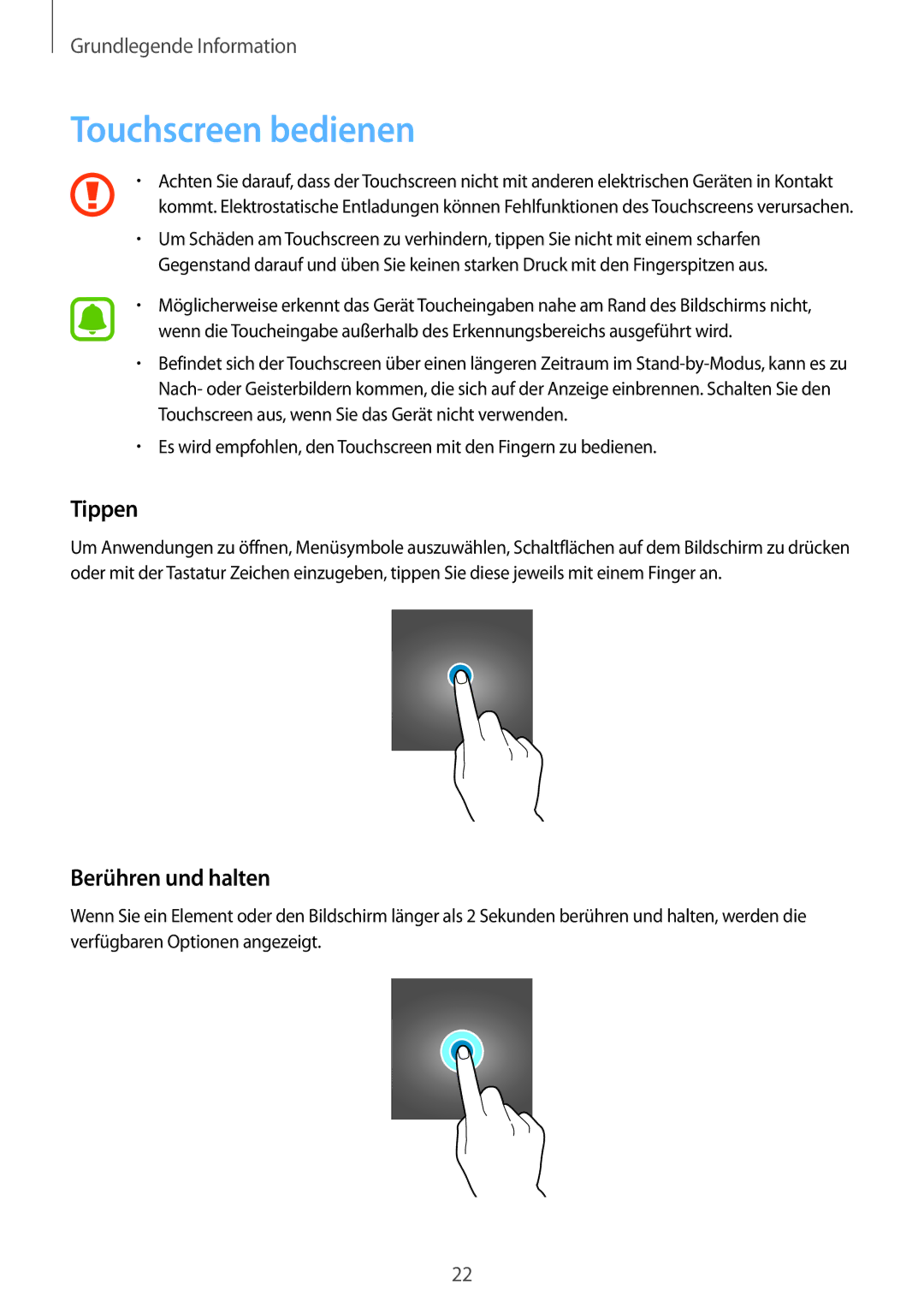 Samsung SM-J530FZDACYV, SM-J530FZDATCL, SM-J530FZSAEUR, SM-J530FZSADDE Touchscreen bedienen, Tippen, Berühren und halten 