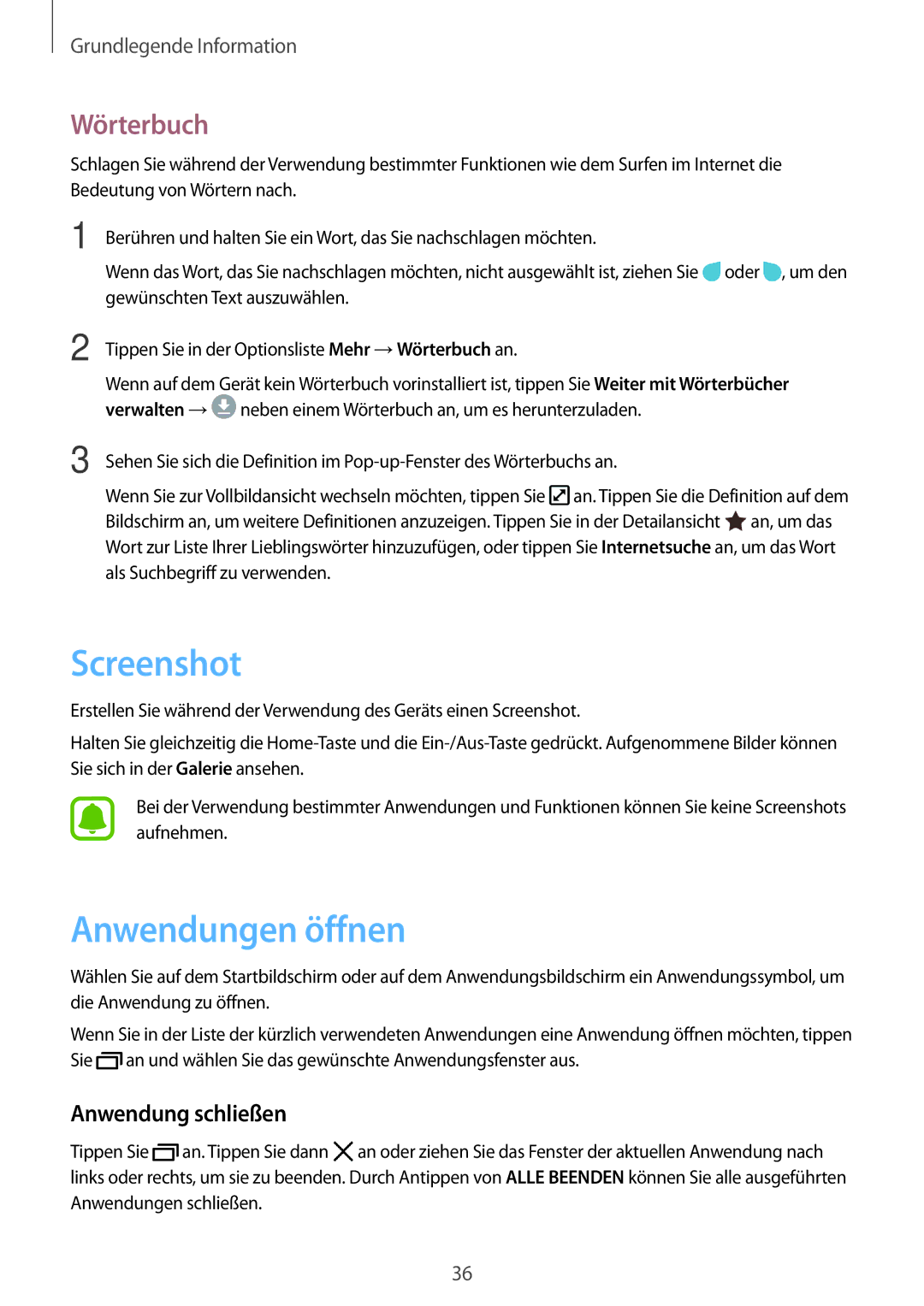 Samsung SM-J530FZKDDBT, SM-J530FZDATCL, SM-J530FZSAEUR manual Screenshot, Anwendungen öffnen, Wörterbuch, Anwendung schließen 