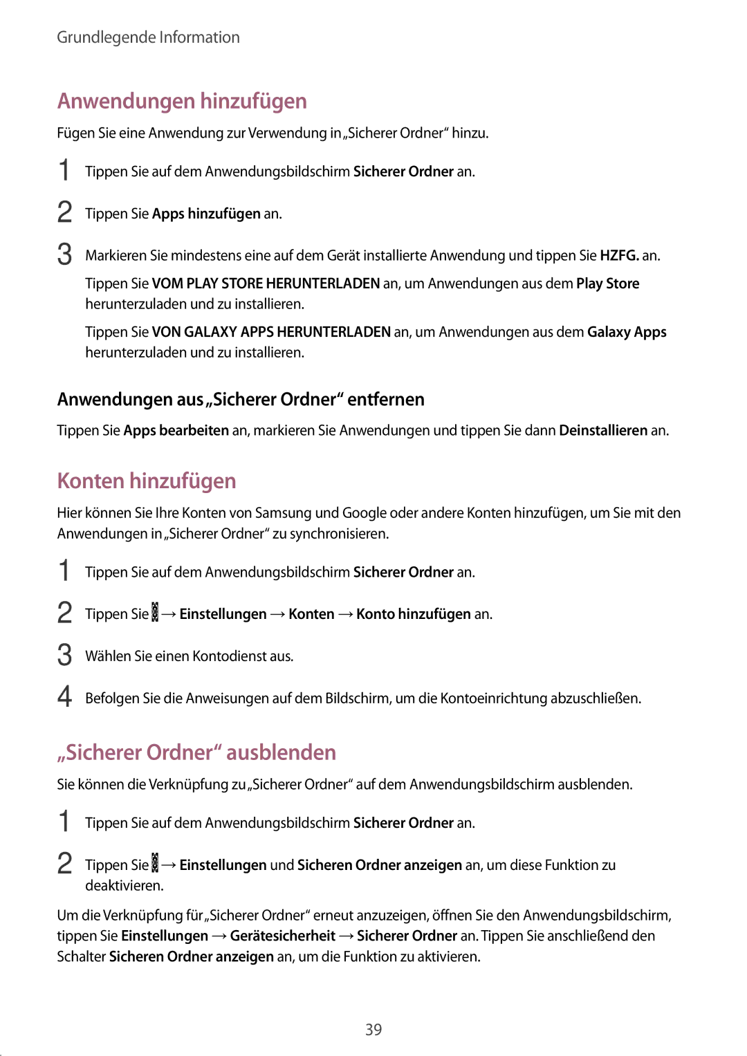 Samsung SM-J530FZDDDBT, SM-J530FZDATCL manual Anwendungen hinzufügen, Konten hinzufügen, „Sicherer Ordner ausblenden 