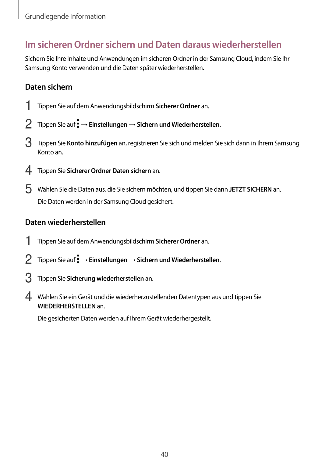 Samsung SM-J530FZSDDBT, SM-J530FZDATCL manual Daten wiederherstellen, Tippen Sie Sicherer Ordner Daten sichern an 