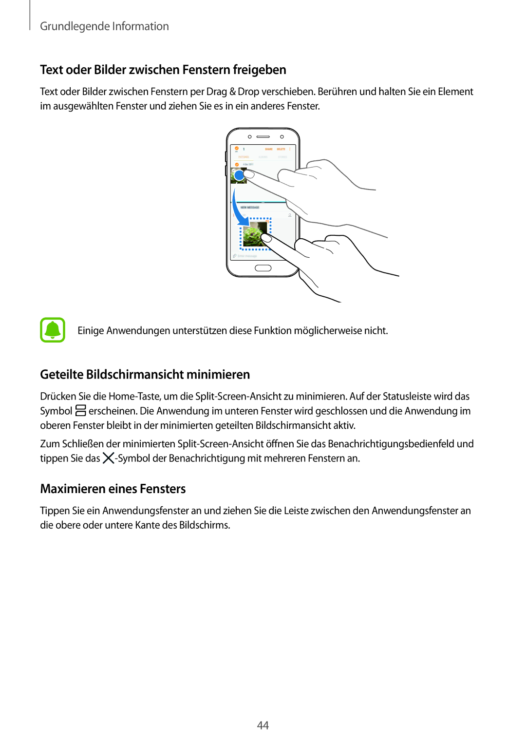 Samsung SM-J530FZKACYV, SM-J530FZDATCL Text oder Bilder zwischen Fenstern freigeben, Geteilte Bildschirmansicht minimieren 