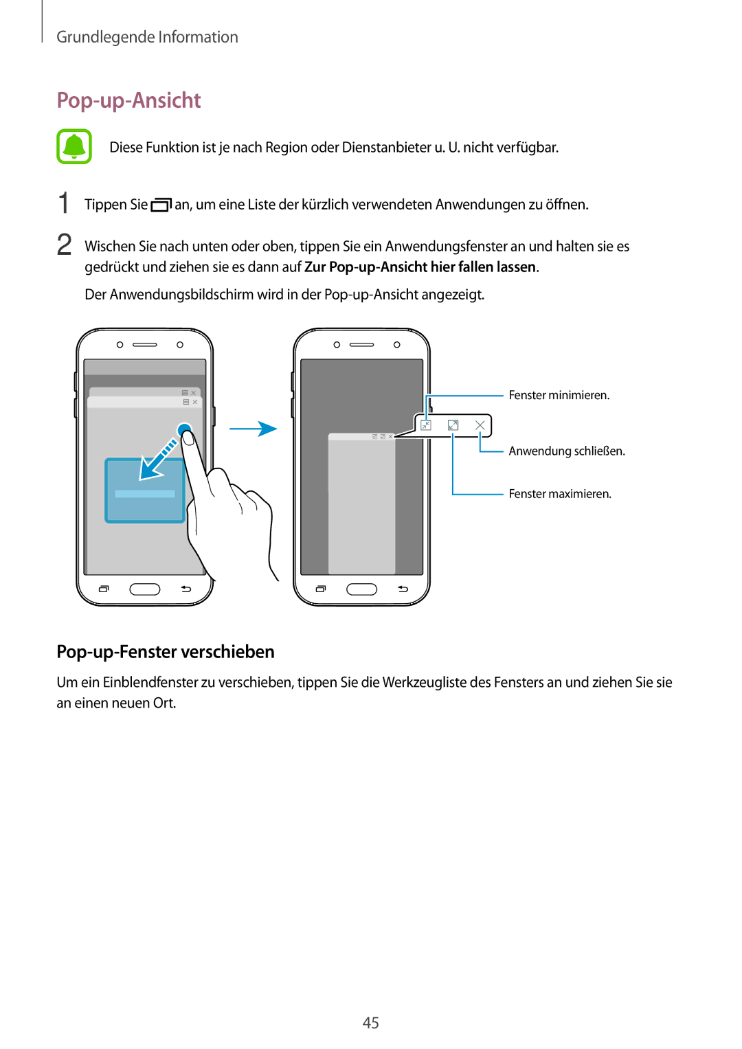 Samsung SM-J530FZKAMOB, SM-J530FZDATCL, SM-J530FZSAEUR, SM-J530FZSADDE manual Pop-up-Ansicht, Pop-up-Fenster verschieben 