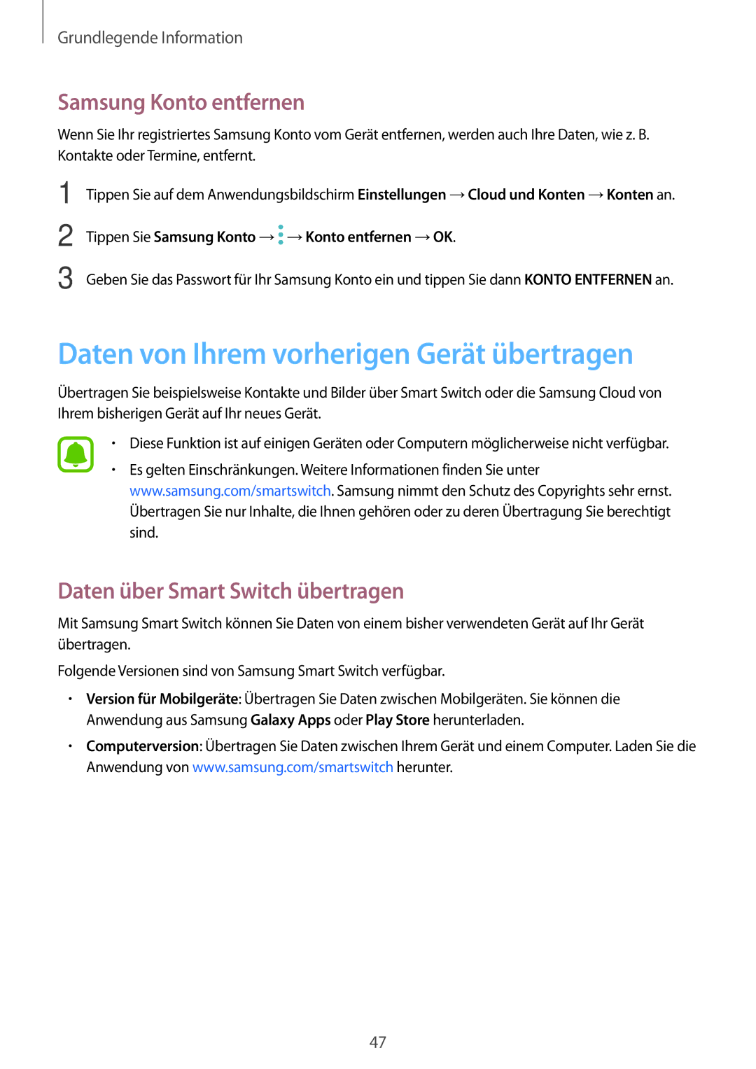 Samsung SM-J530FZDACYV, SM-J530FZDATCL, SM-J530FZSAEUR Daten von Ihrem vorherigen Gerät übertragen, Samsung Konto entfernen 