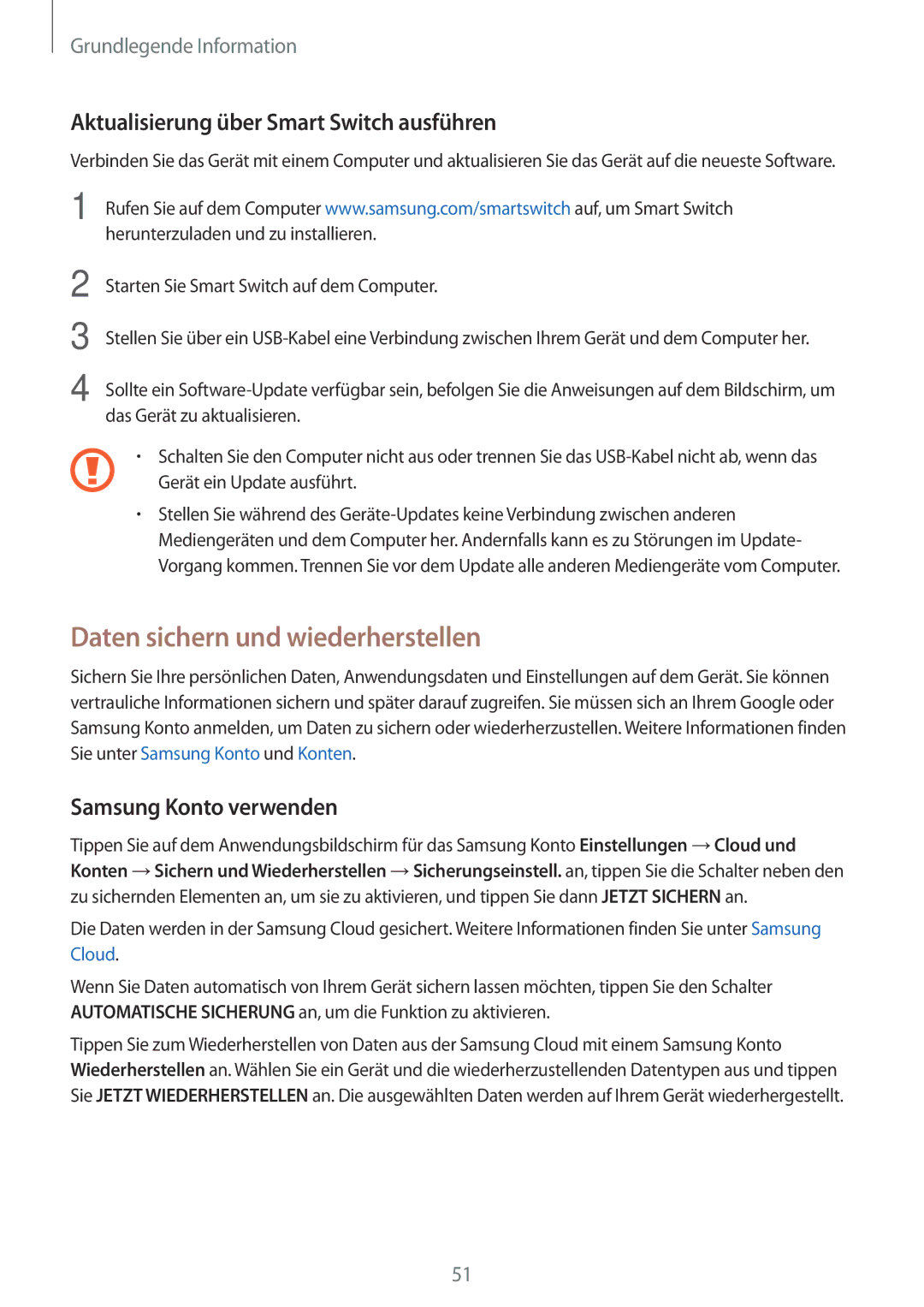 Samsung SM-J530FZSAEUR, SM-J530FZDATCL manual Daten sichern und wiederherstellen, Aktualisierung über Smart Switch ausführen 