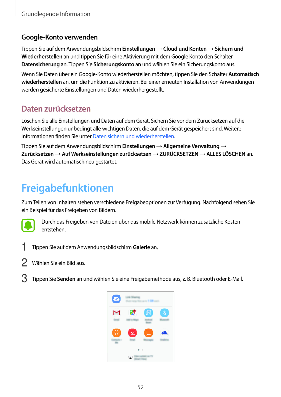 Samsung SM-J530FZSADDE, SM-J530FZDATCL, SM-J530FZSAEUR manual Freigabefunktionen, Daten zurücksetzen, Google-Konto verwenden 