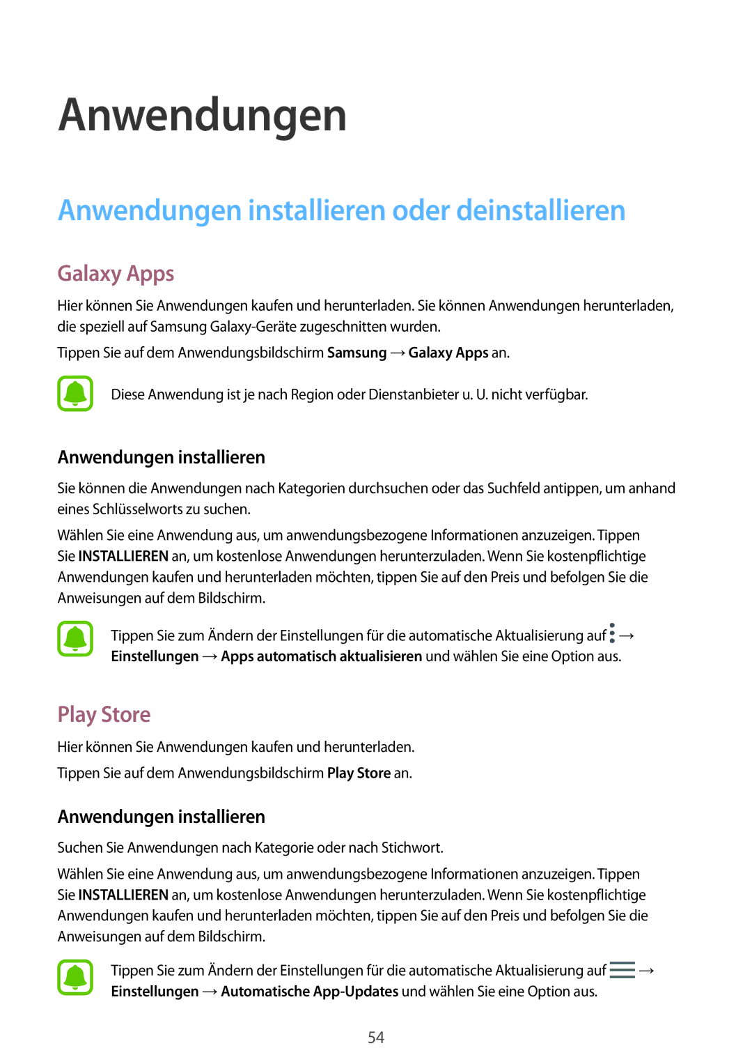 Samsung SM2J530FZKADDE, SM-J530FZDATCL manual Anwendungen installieren oder deinstallieren, Galaxy Apps, Play Store 