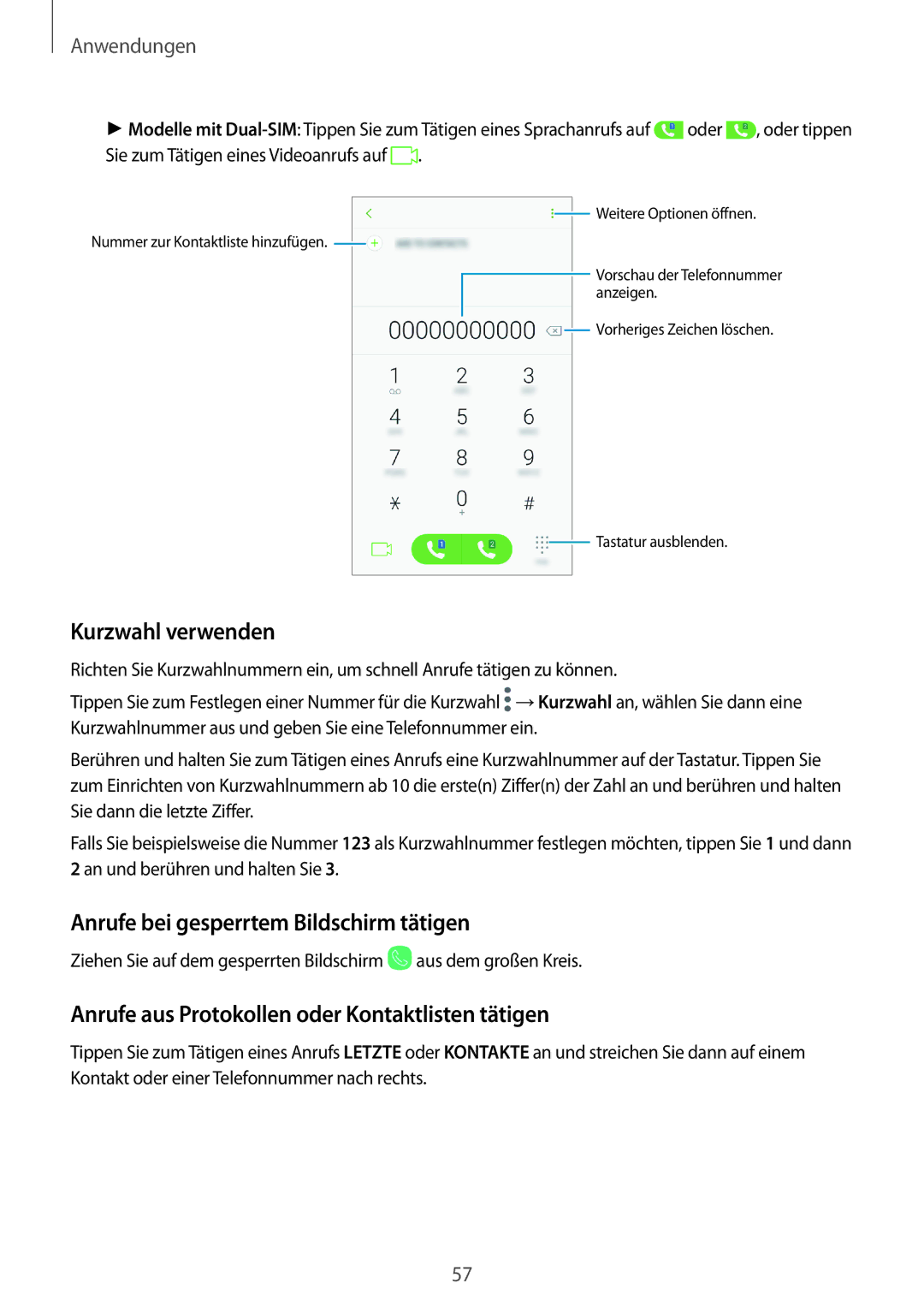 Samsung SM-J530FZKADDE, SM-J530FZDATCL, SM-J530FZSAEUR manual Kurzwahl verwenden, Anrufe bei gesperrtem Bildschirm tätigen 