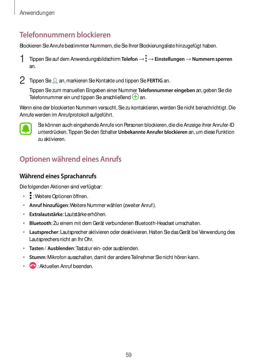 Samsung SM-J530FZDACOS manual Telefonnummern blockieren, Optionen während eines Anrufs, Während eines Sprachanrufs 