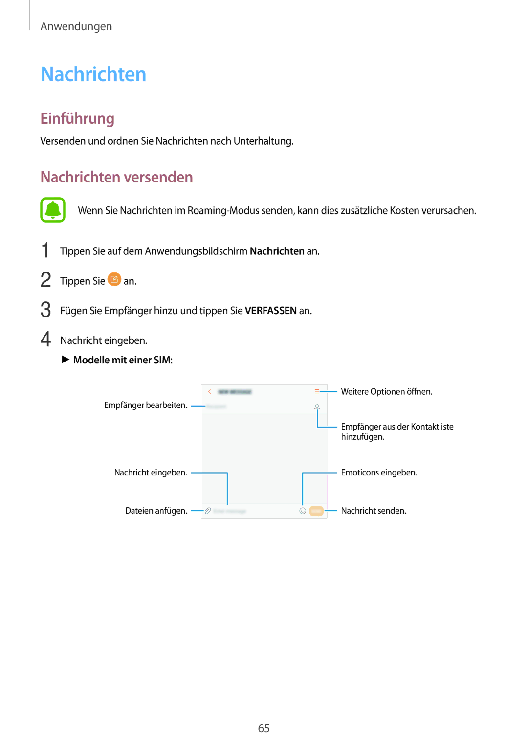 Samsung SM-J530FZSDDBT, SM-J530FZDATCL, SM-J530FZSAEUR, SM-J530FZSADDE, SM-J530FZKAEUR manual Nachrichten versenden 