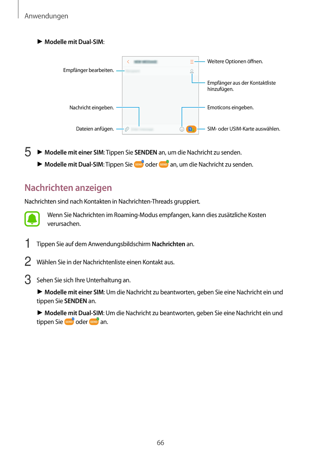 Samsung SM-J530FZKATCL, SM-J530FZDATCL, SM-J530FZSAEUR, SM-J530FZSADDE manual Nachrichten anzeigen, Modelle mit Dual-SIM 