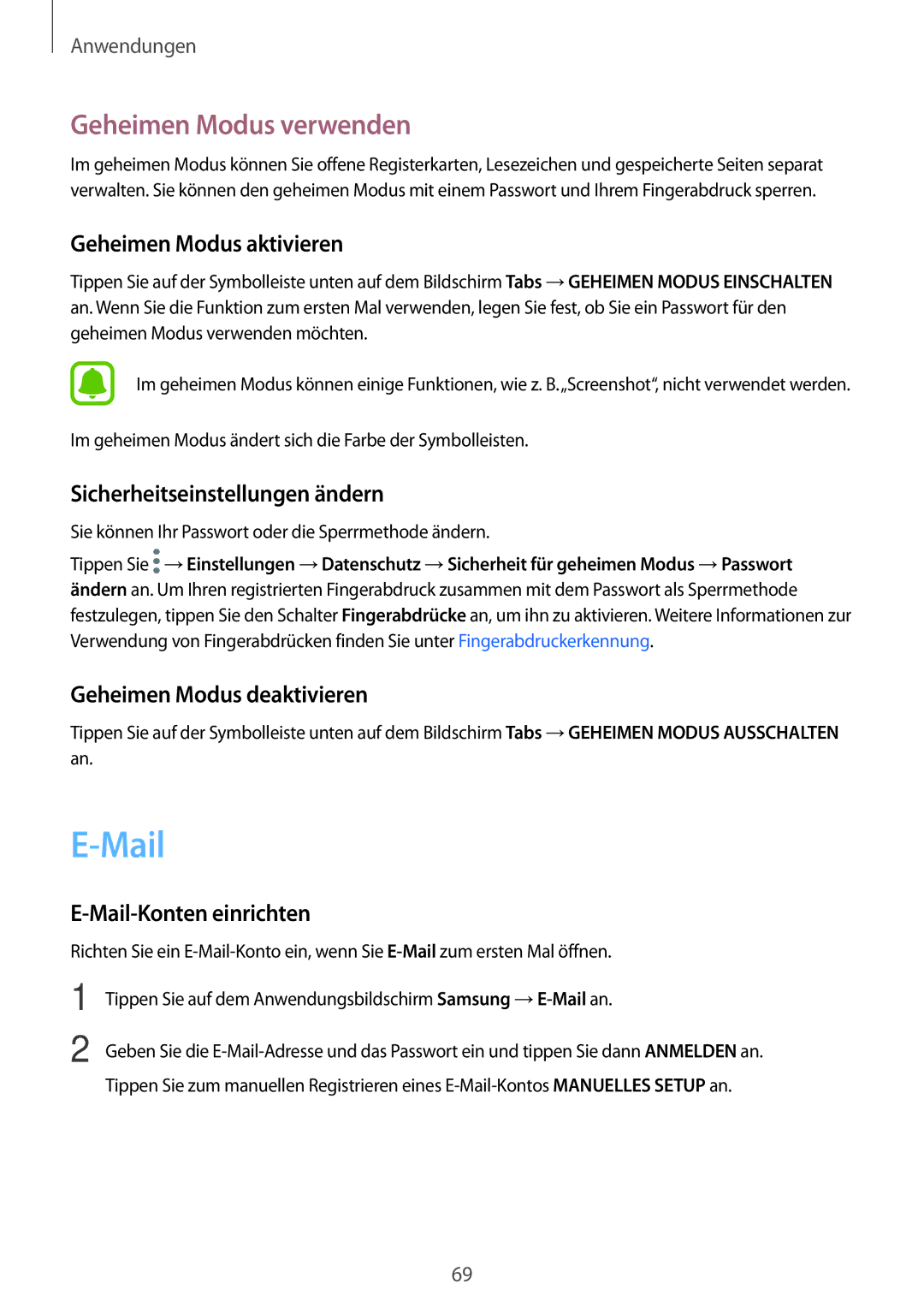 Samsung SM-J530FZKACYV, SM-J530FZDATCL, SM-J530FZSAEUR, SM-J530FZSADDE, SM-J530FZKAEUR manual Mail, Geheimen Modus verwenden 