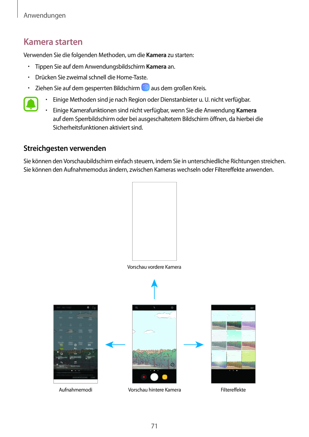 Samsung SM-J530FZKABOG, SM-J530FZDATCL, SM-J530FZSAEUR, SM-J530FZSADDE manual Kamera starten, Streichgesten verwenden 