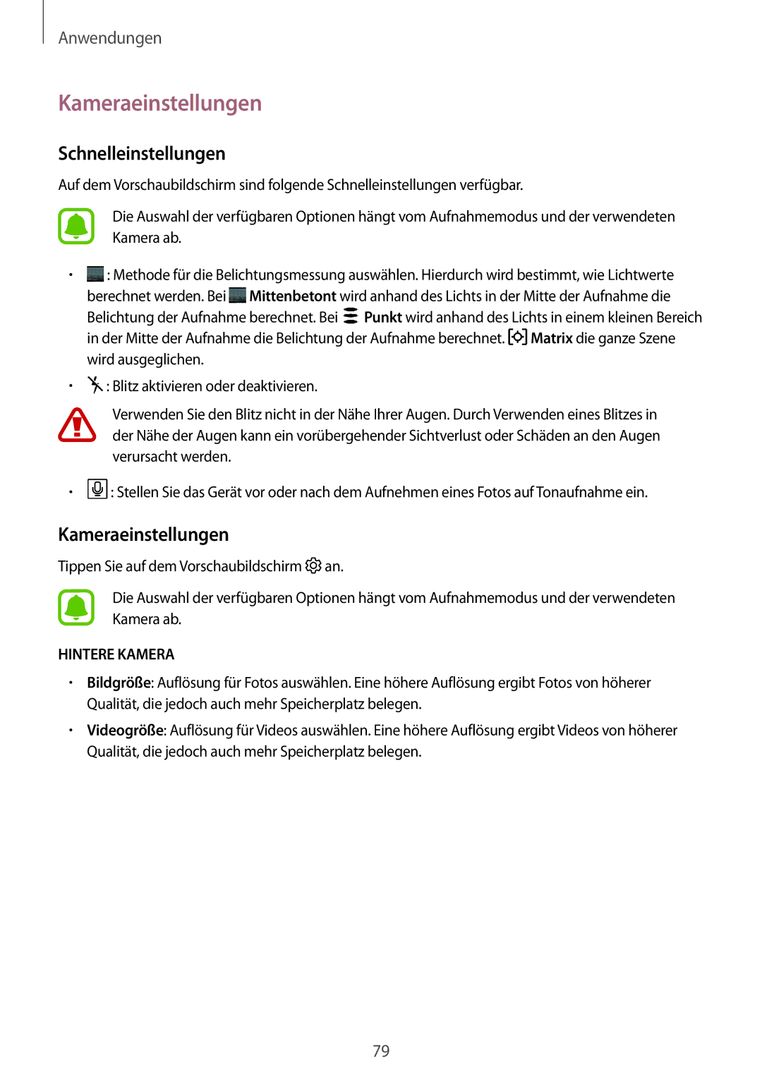 Samsung SM2J530FZKADDE, SM-J530FZDATCL, SM-J530FZSAEUR, SM-J530FZSADDE manual Kameraeinstellungen, Schnelleinstellungen 