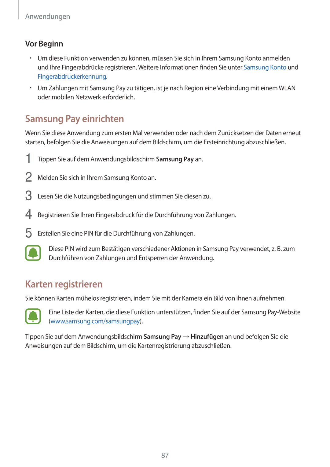 Samsung SM-J730FZKDDBT, SM-J530FZDATCL, SM-J530FZSAEUR manual Samsung Pay einrichten, Karten registrieren, Vor Beginn 