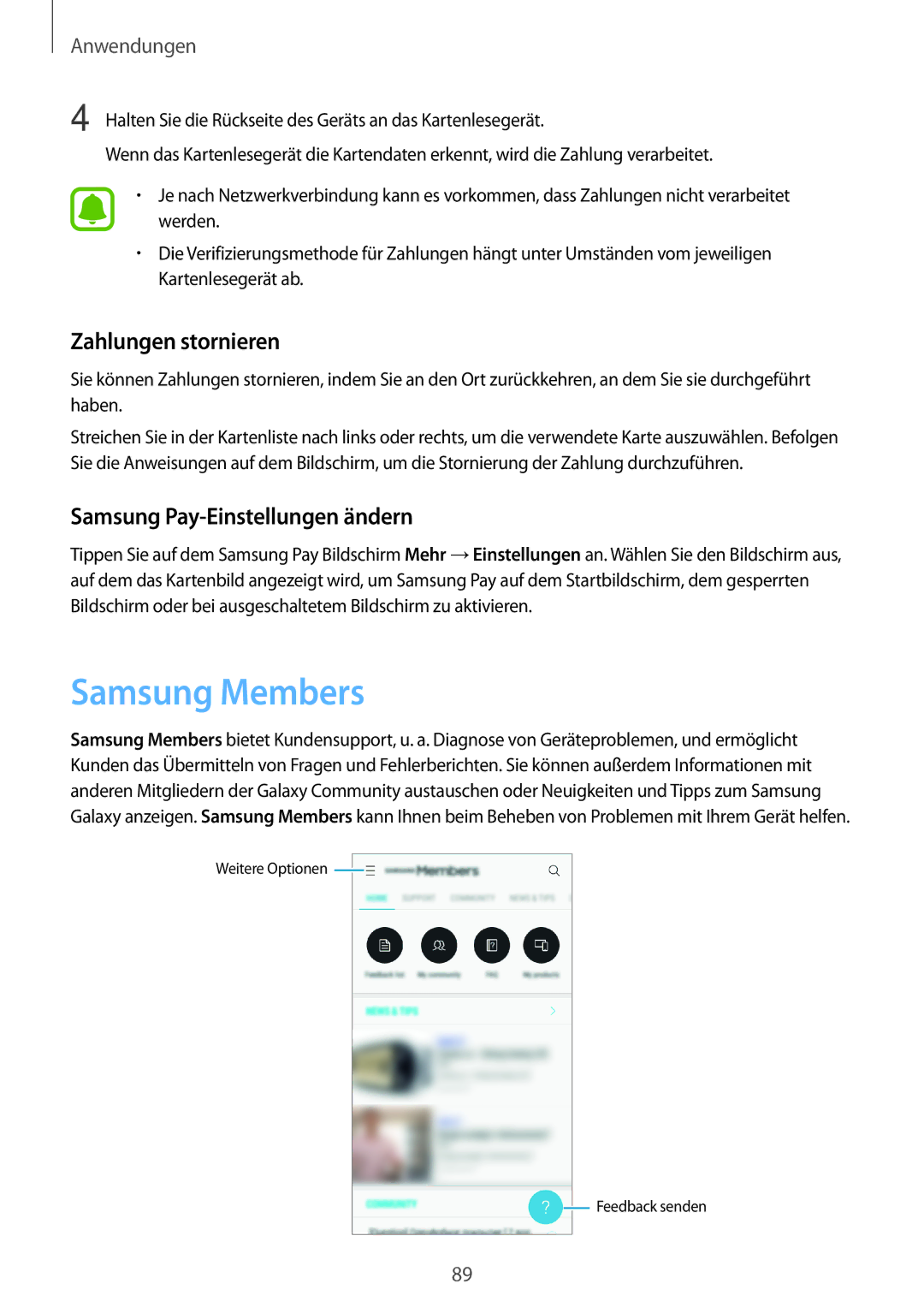 Samsung SM-J530FZDDDBT, SM-J530FZDATCL manual Samsung Members, Zahlungen stornieren, Samsung Pay-Einstellungen ändern 