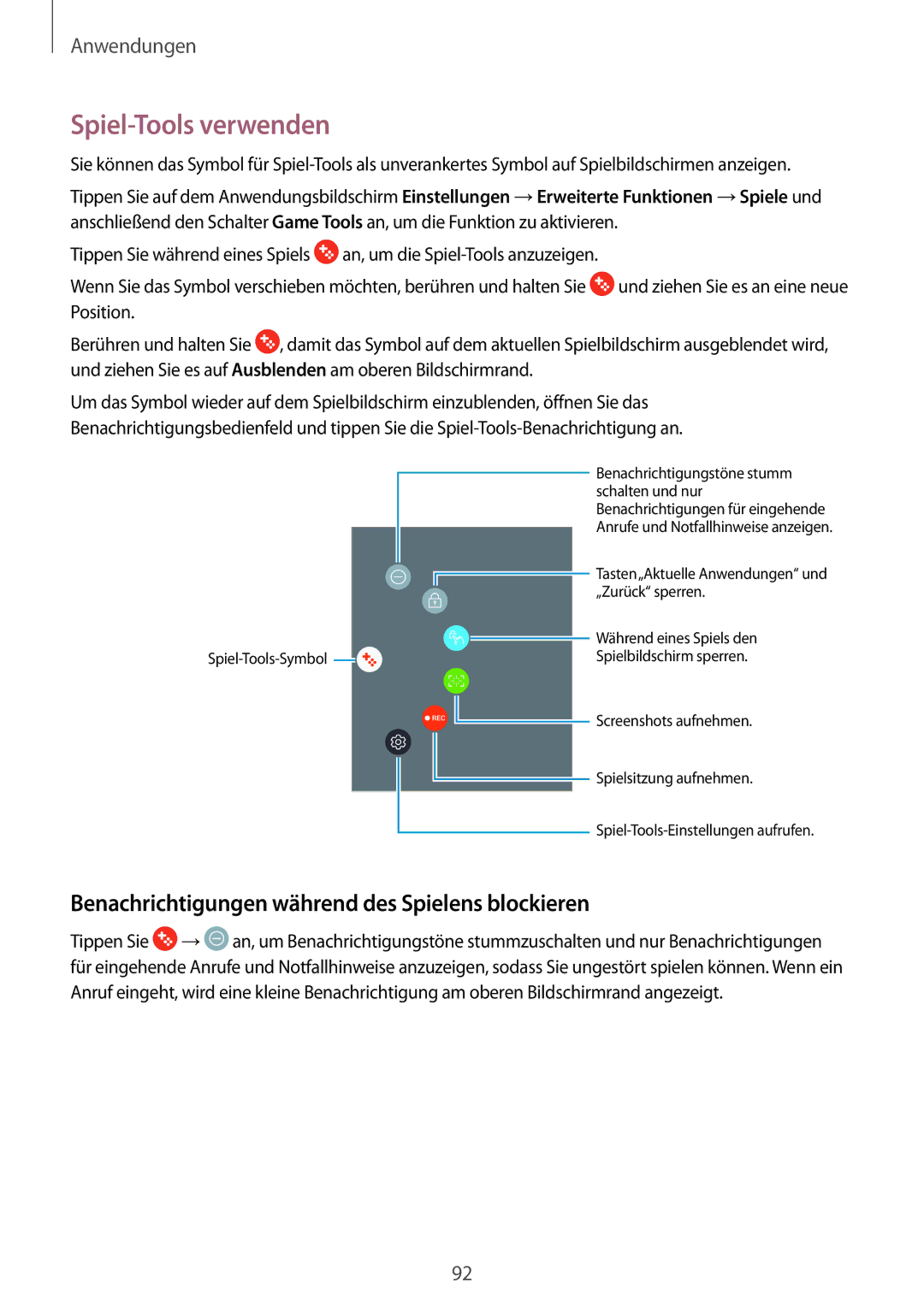 Samsung SM-J530FZKAVD2, SM-J530FZDATCL manual Spiel-Tools verwenden, Benachrichtigungen während des Spielens blockieren 