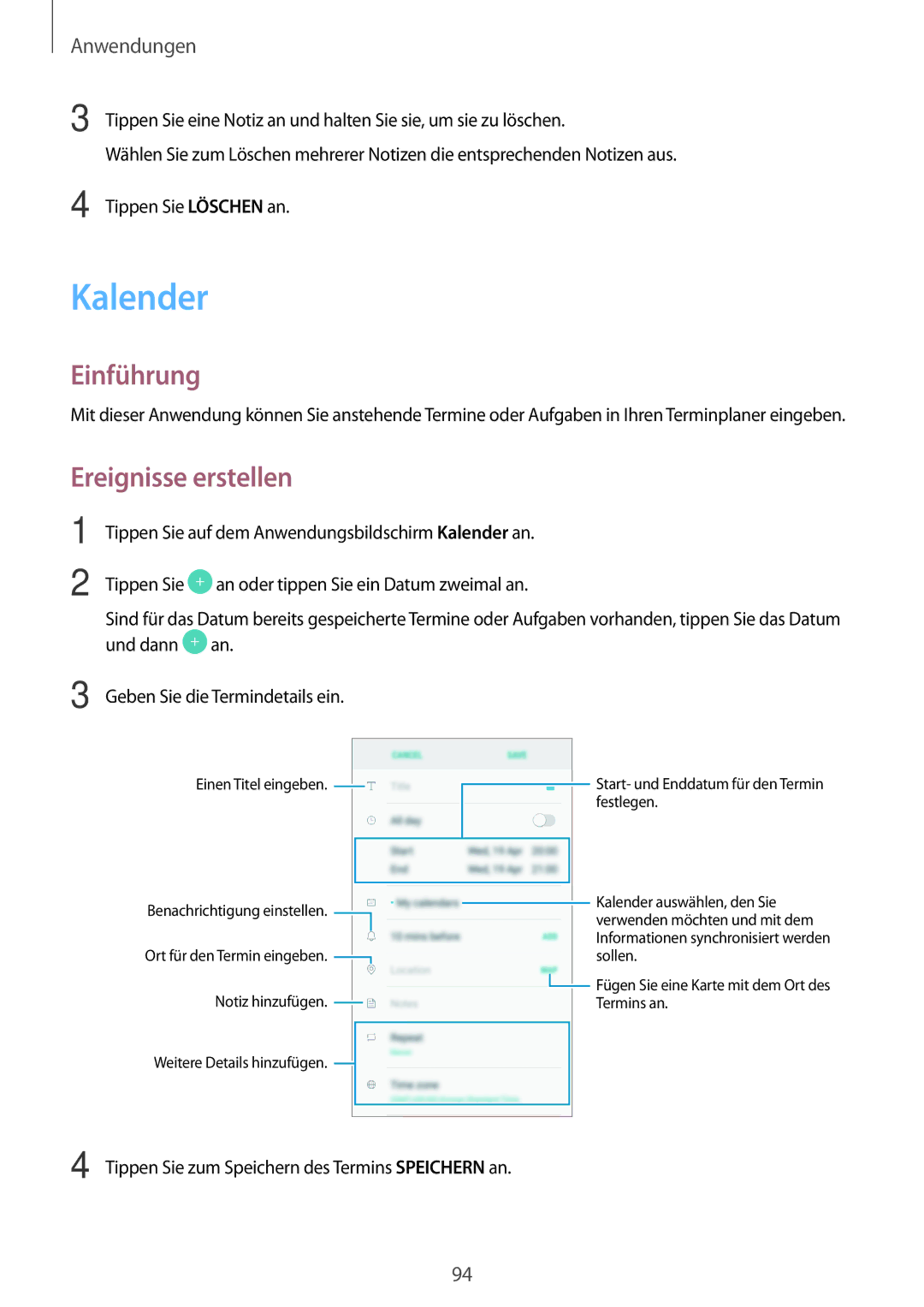 Samsung SM-J530FZKACYV, SM-J530FZDATCL, SM-J530FZSAEUR, SM-J530FZSADDE, SM-J530FZKAEUR manual Kalender, Ereignisse erstellen 