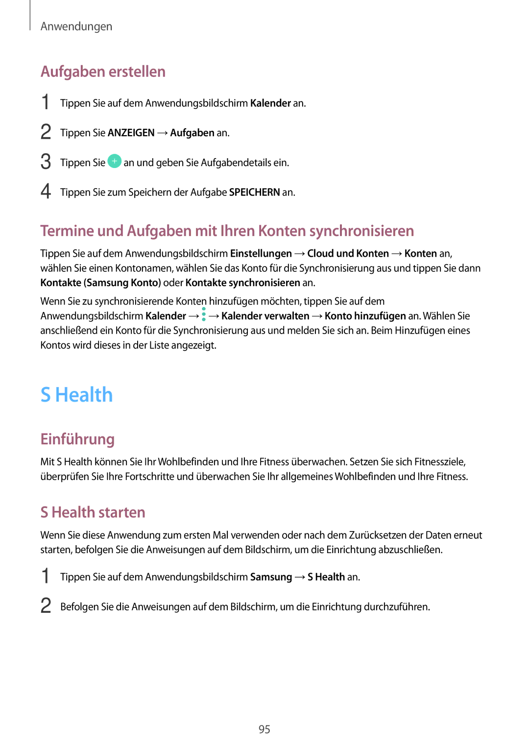 Samsung SM-J530FZKAMOB manual Aufgaben erstellen, Termine und Aufgaben mit Ihren Konten synchronisieren, Health starten 