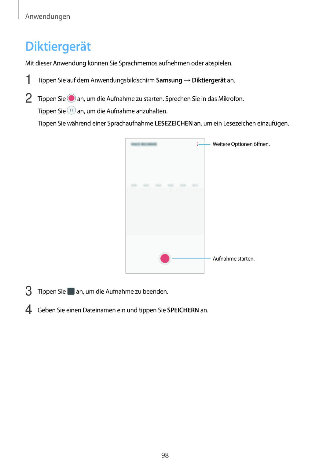 Samsung SM-J530FZDAXEF, SM-J530FZDATCL, SM-J530FZSAEUR, SM-J530FZSADDE, SM-J530FZKAEUR, SM2J530FZKADDE manual Diktiergerät 