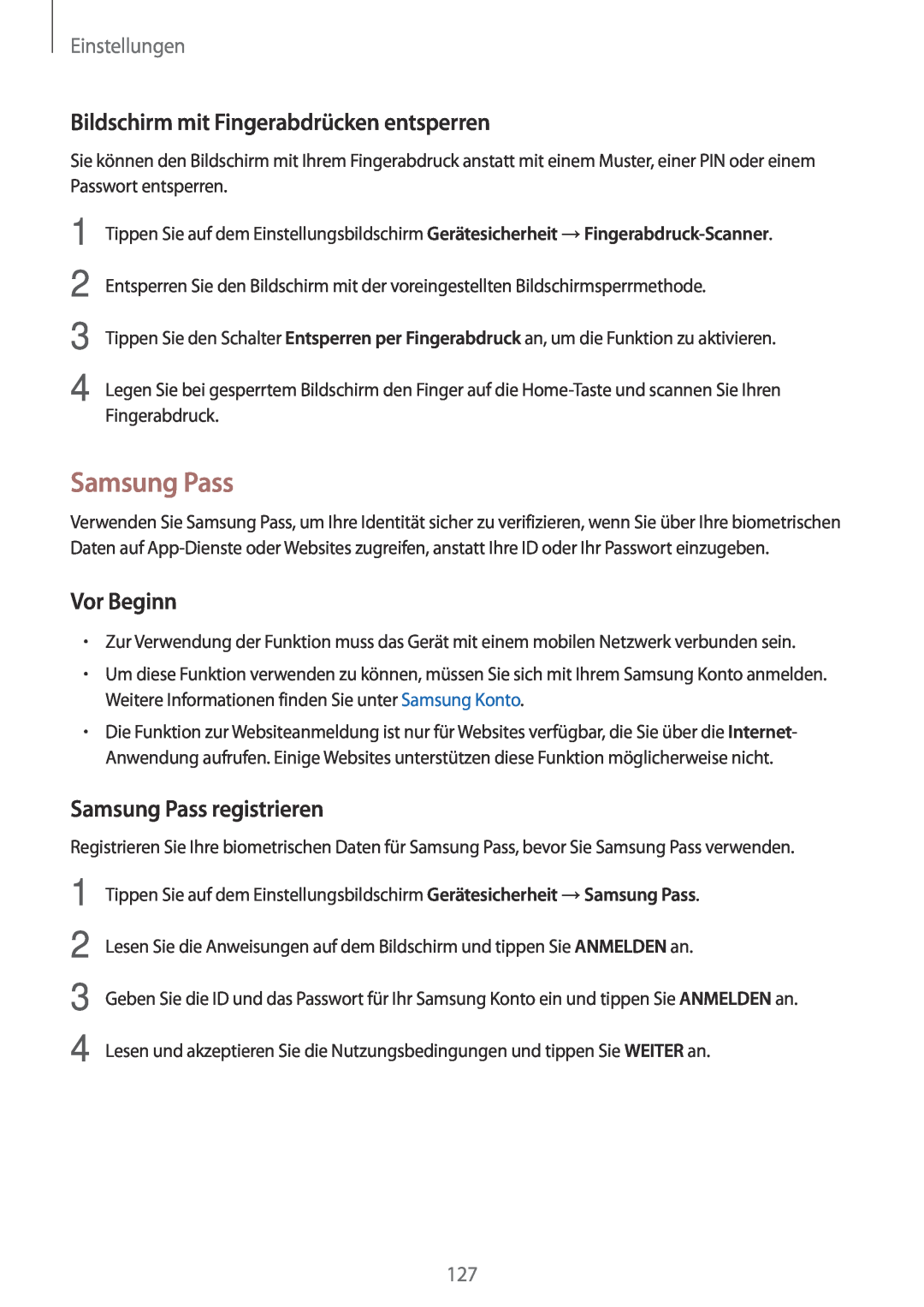 Samsung SM-J530FZSADDE Bildschirm mit Fingerabdrücken entsperren, Samsung Pass registrieren, Vor Beginn, Einstellungen 