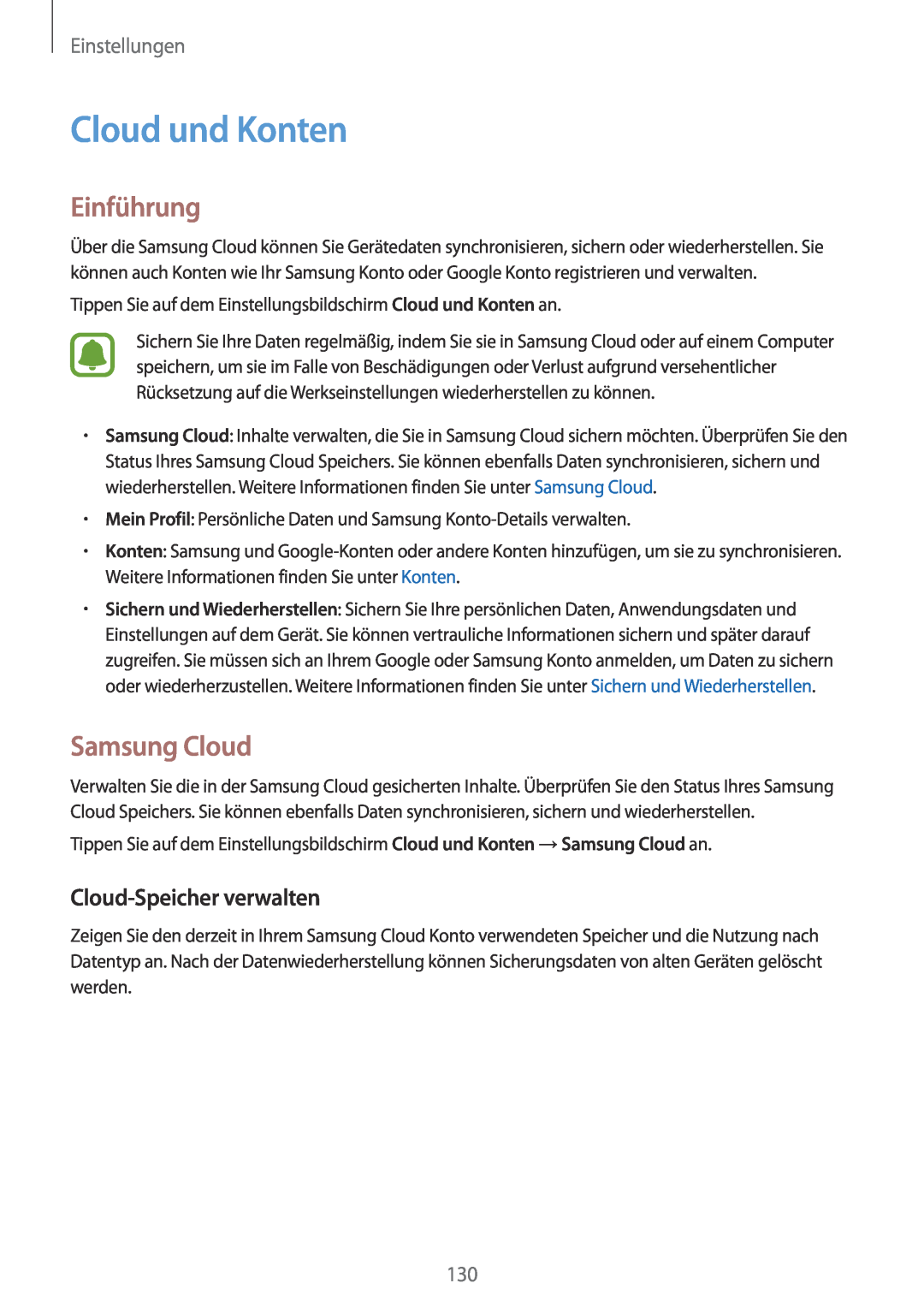 Samsung SM-J530FZSACOS manual Cloud und Konten, Samsung Cloud, Cloud-Speicher verwalten, Einführung, Einstellungen 