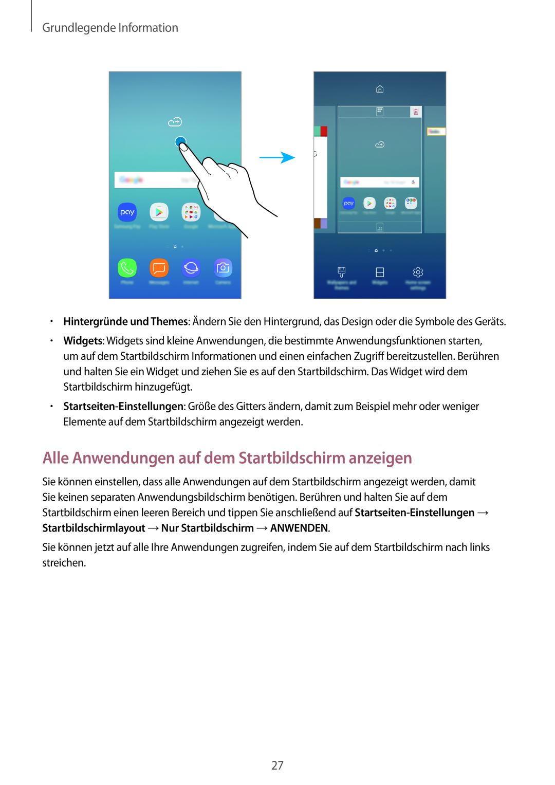 Samsung SM-J530FZSADDE, SM-J530FZDATCL manual Alle Anwendungen auf dem Startbildschirm anzeigen, Grundlegende Information 