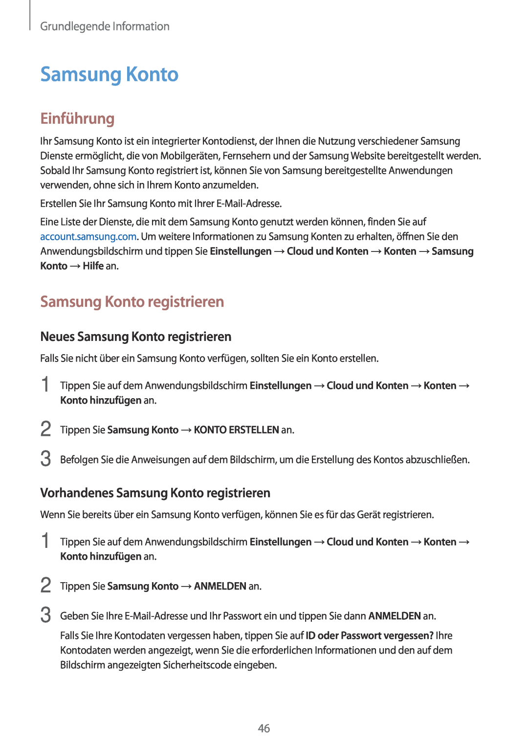 Samsung SM-J530FZKABOG manual Neues Samsung Konto registrieren, Vorhandenes Samsung Konto registrieren, Einführung 