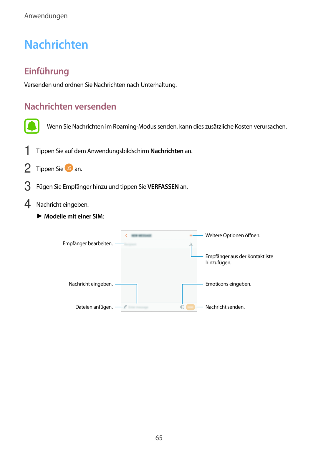 Samsung SM-J530FZSDDBT manual Nachrichten versenden, Einführung, Anwendungen, Modelle mit einer SIM, Nachricht eingeben 