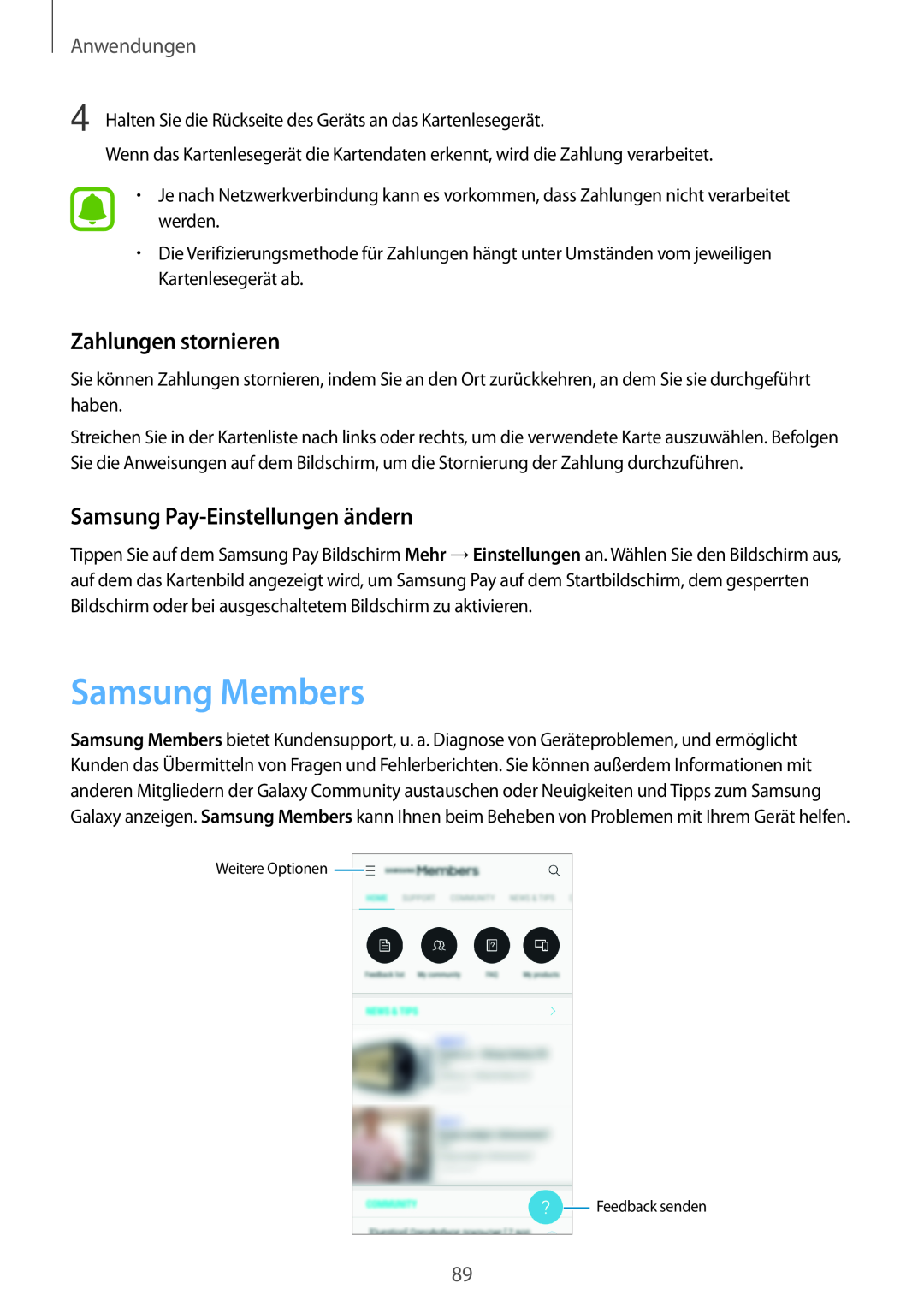 Samsung SM-J530FZDDDBT manual Samsung Members, Zahlungen stornieren, Samsung Pay-Einstellungen ändern, Anwendungen 