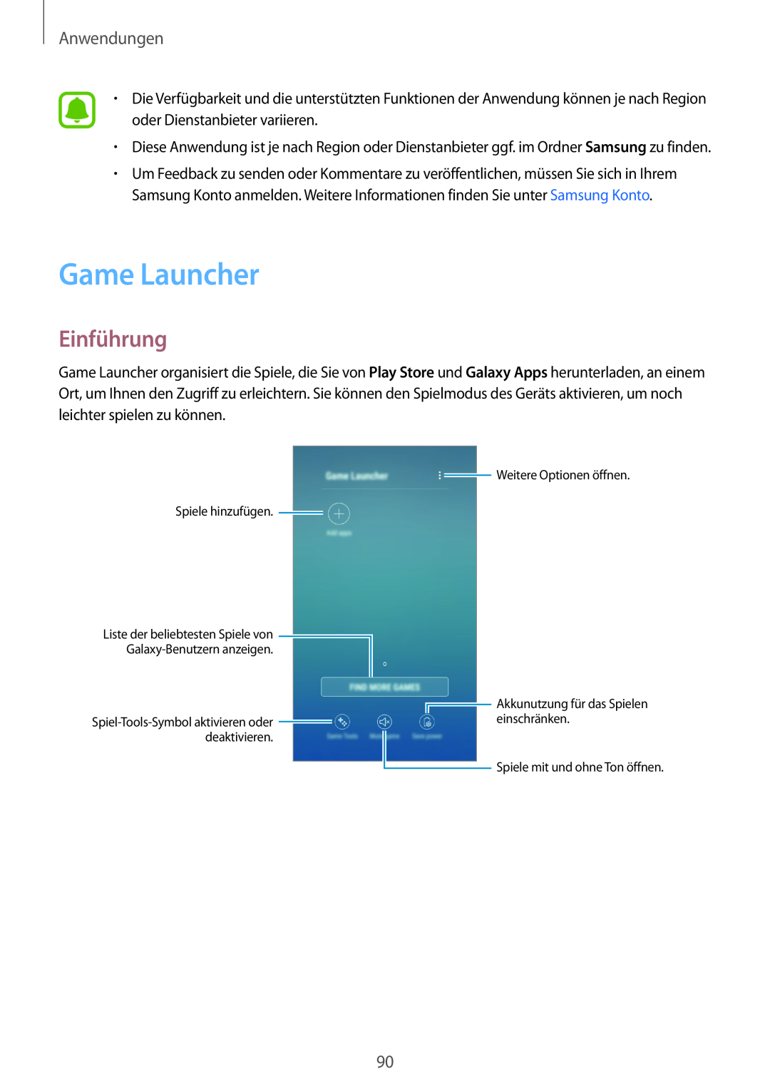 Samsung SM-J530FZSDDBT Game Launcher, Einführung, Anwendungen, Weitere Optionen öffnen Spiele hinzufügen, einschränken 