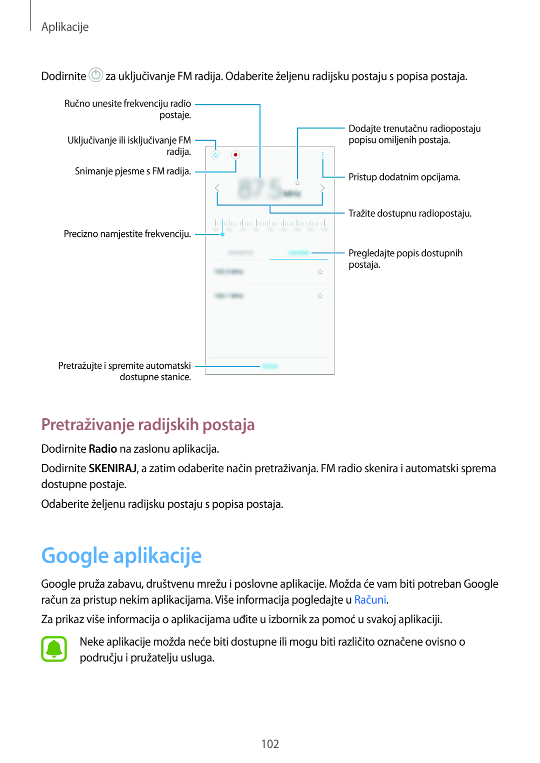 Samsung SM-J530FZKASEE, SM-J530FZDASEE manual Google aplikacije, Pretraživanje radijskih postaja 