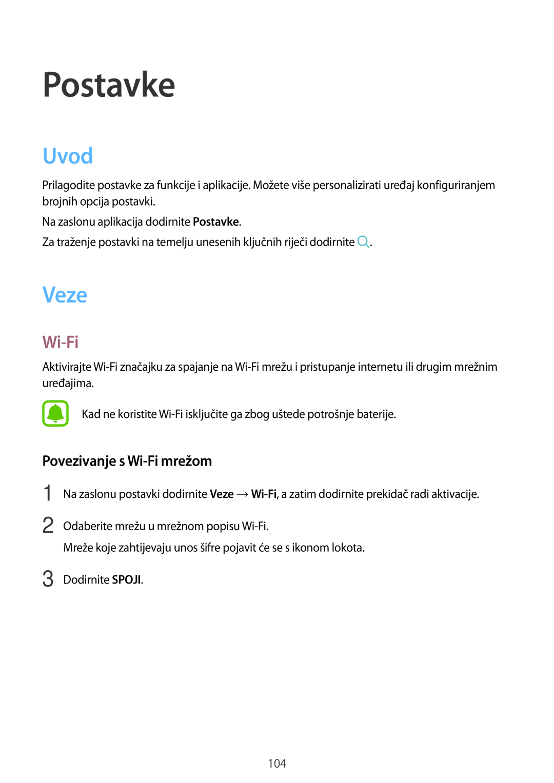 Samsung SM-J530FZKASEE, SM-J530FZDASEE manual Uvod, Veze, Povezivanje s Wi-Fi mrežom 