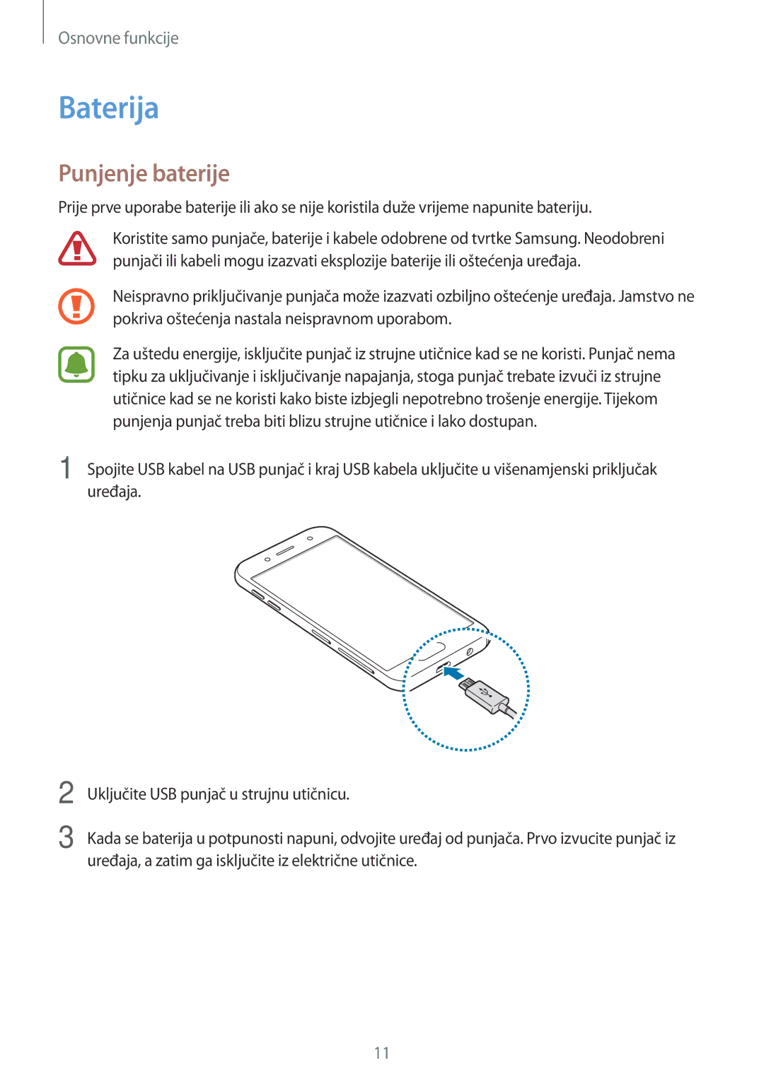 Samsung SM-J530FZDASEE, SM-J530FZKASEE manual Baterija, Punjenje baterije 