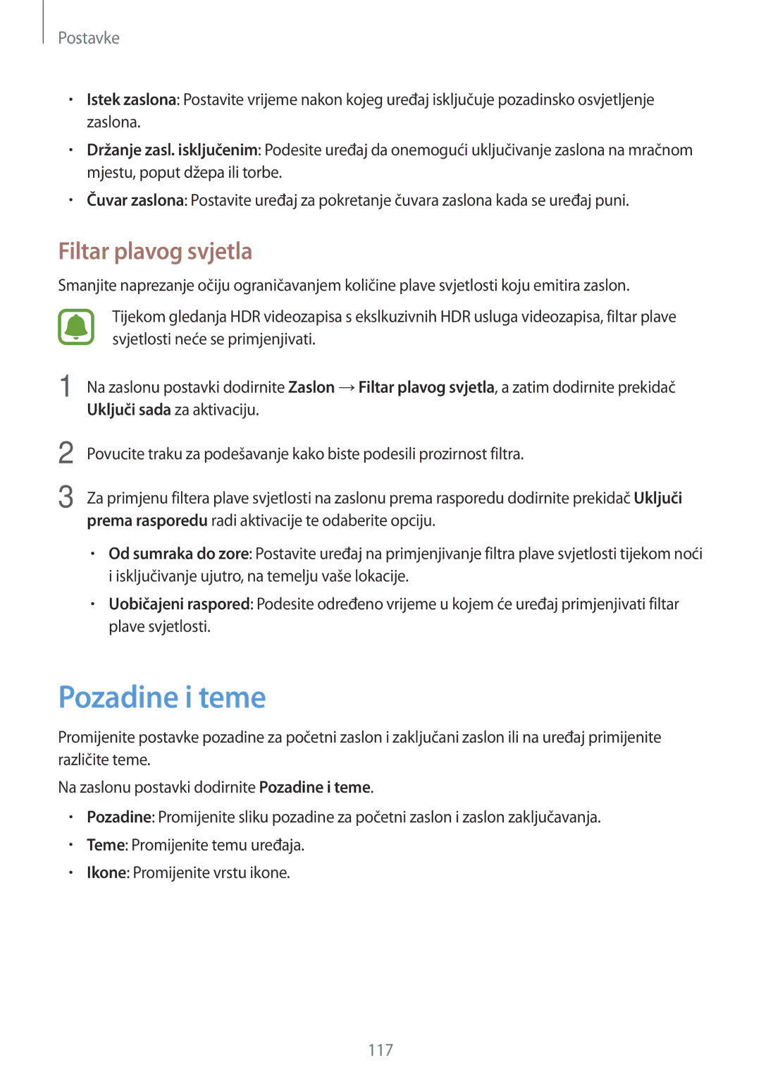 Samsung SM-J530FZDASEE, SM-J530FZKASEE manual Pozadine i teme, Filtar plavog svjetla 