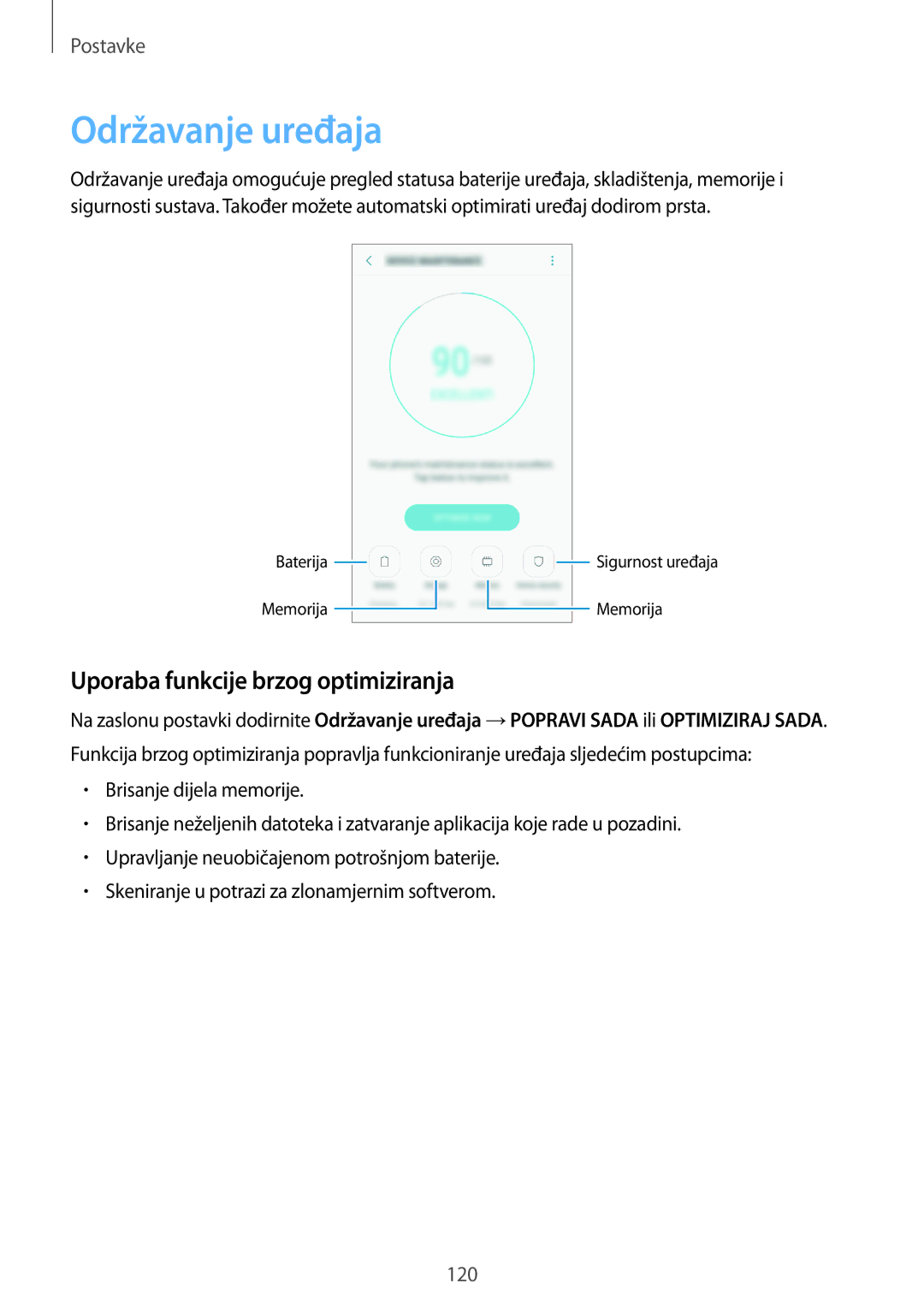 Samsung SM-J530FZKASEE, SM-J530FZDASEE manual Održavanje uređaja, Uporaba funkcije brzog optimiziranja 