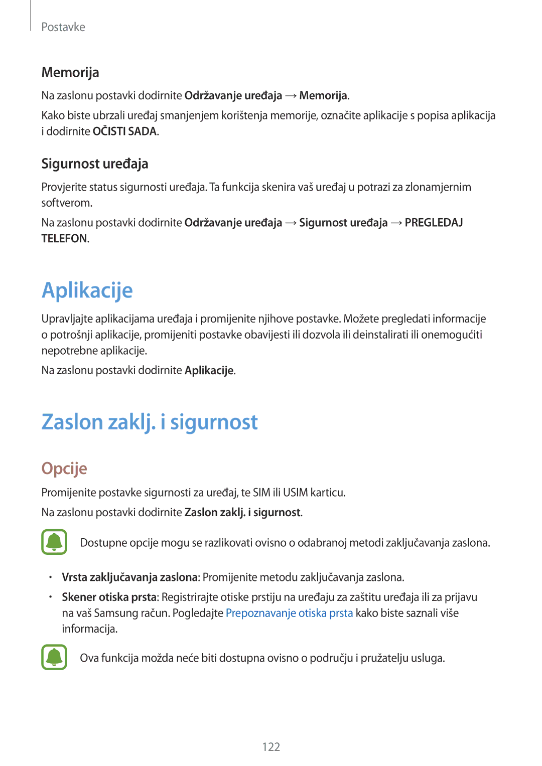 Samsung SM-J530FZKASEE, SM-J530FZDASEE manual Aplikacije, Zaslon zaklj. i sigurnost, Memorija, Sigurnost uređaja 