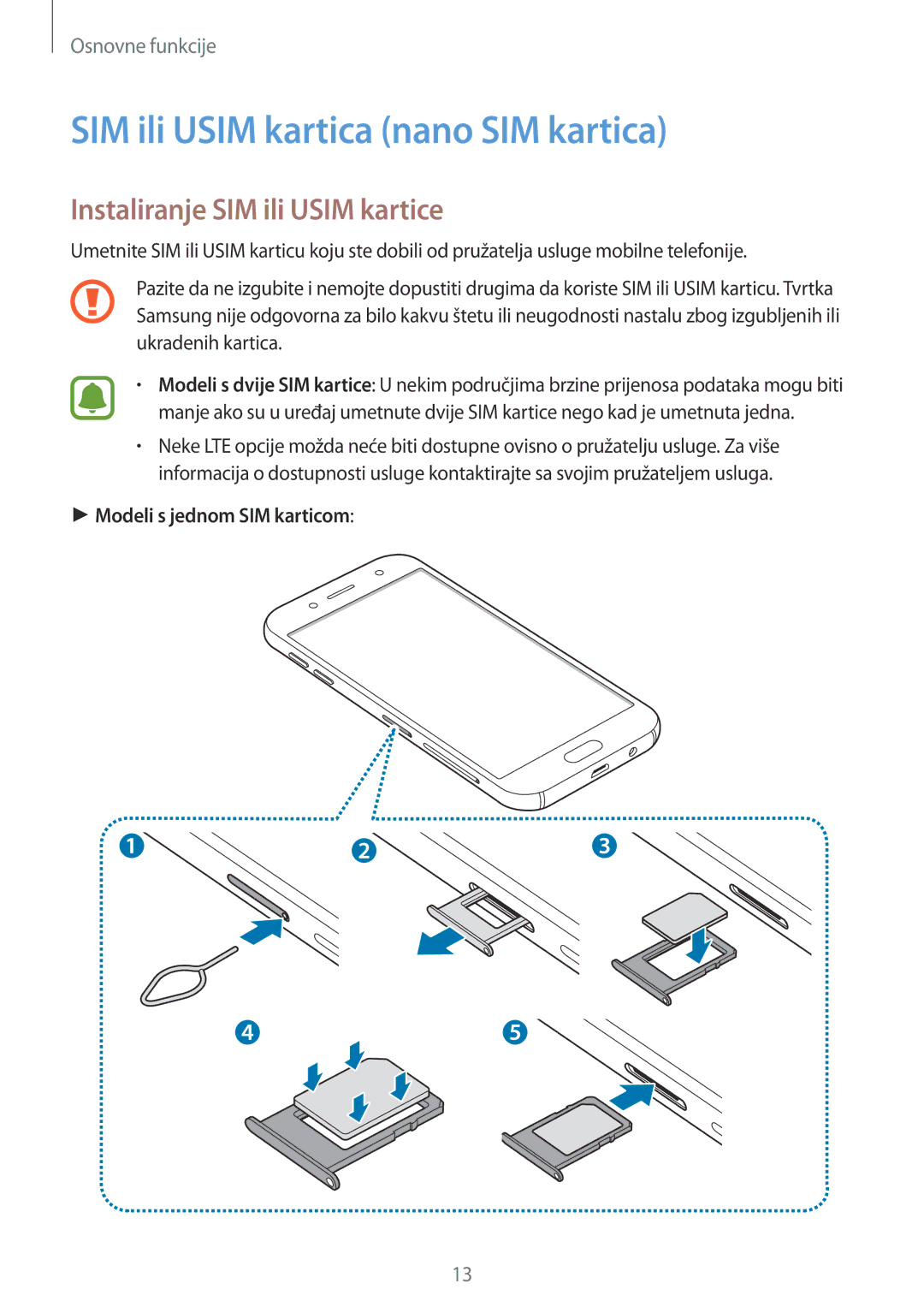 Samsung SM-J530FZDASEE, SM-J530FZKASEE manual SIM ili Usim kartica nano SIM kartica, Instaliranje SIM ili Usim kartice 