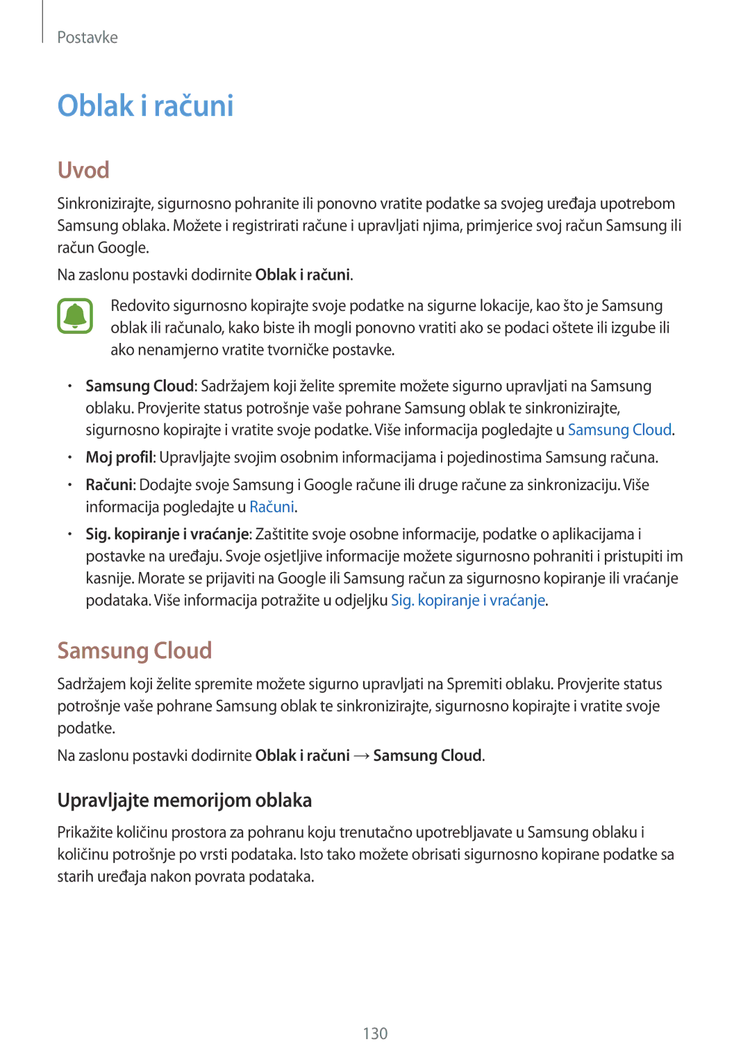 Samsung SM-J530FZKASEE, SM-J530FZDASEE manual Oblak i računi, Samsung Cloud, Upravljajte memorijom oblaka 