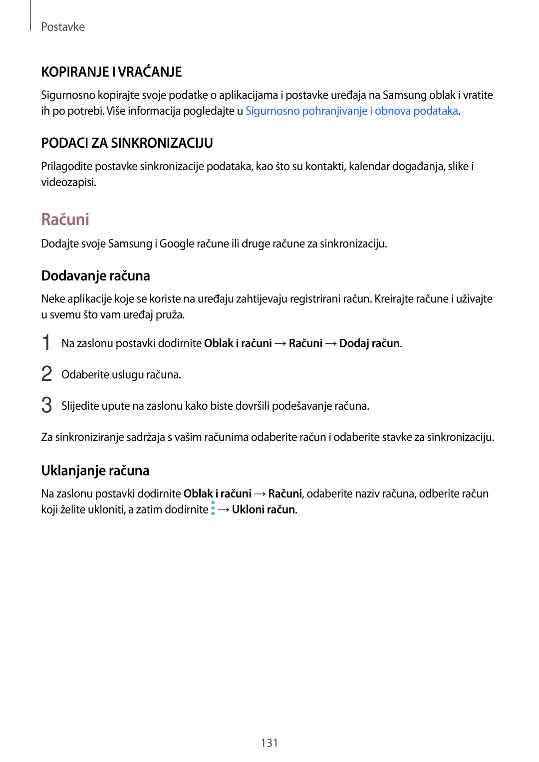 Samsung SM-J530FZDASEE, SM-J530FZKASEE manual Računi, Dodavanje računa, Uklanjanje računa 