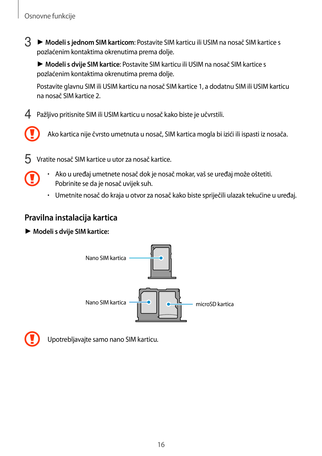 Samsung SM-J530FZKASEE, SM-J530FZDASEE manual Pravilna instalacija kartica, Modeli s dvije SIM kartice 