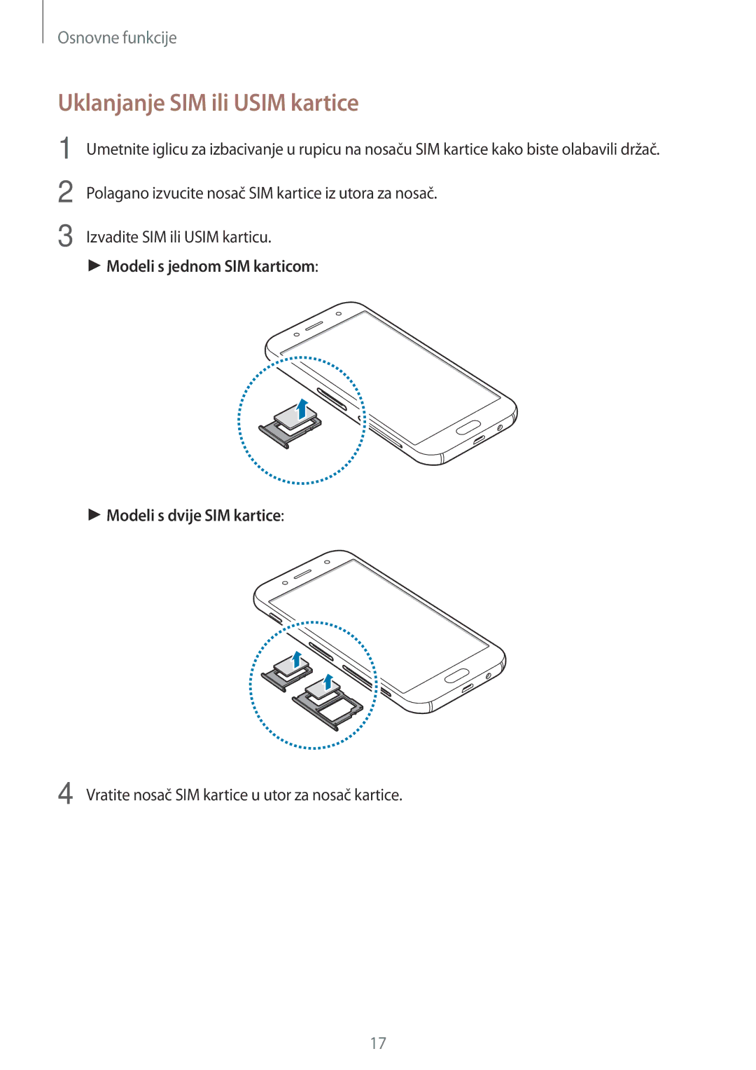 Samsung SM-J530FZDASEE manual Uklanjanje SIM ili Usim kartice, Modeli s jednom SIM karticom Modeli s dvije SIM kartice 