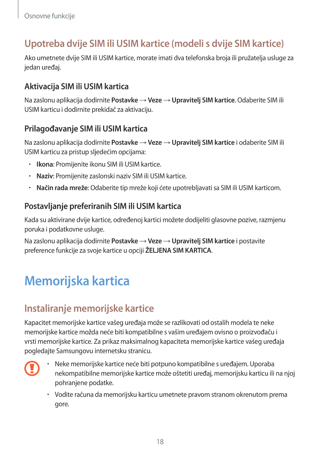 Samsung SM-J530FZKASEE manual Memorijska kartica, Instaliranje memorijske kartice, Aktivacija SIM ili Usim kartica 