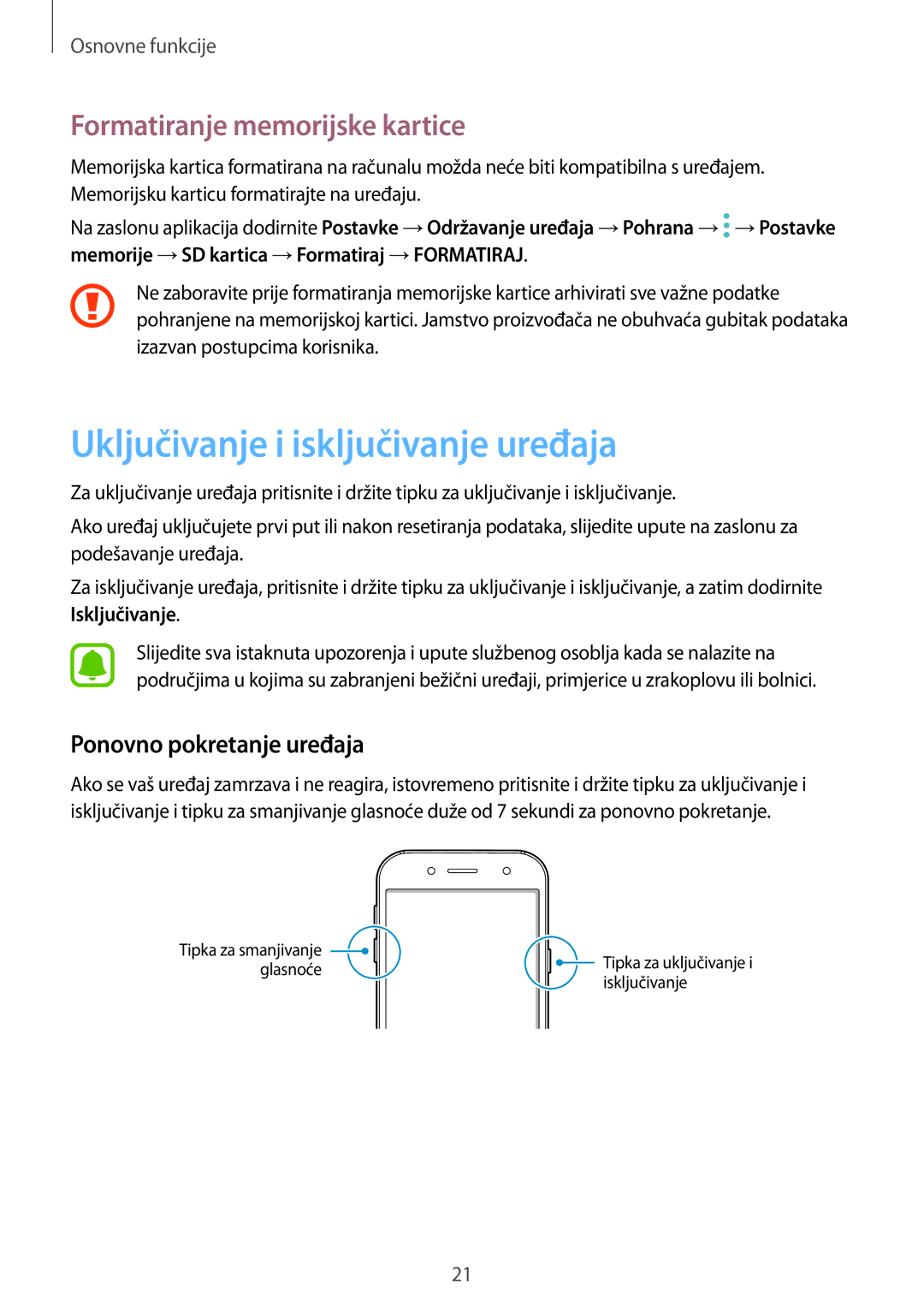 Samsung SM-J530FZDASEE Uključivanje i isključivanje uređaja, Formatiranje memorijske kartice, Ponovno pokretanje uređaja 