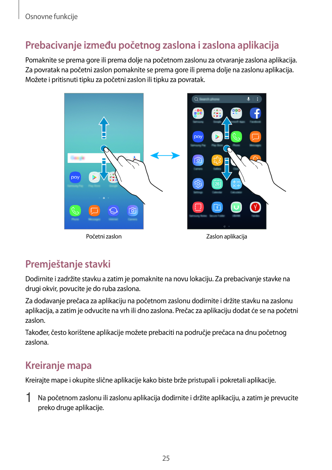 Samsung SM-J530FZDASEE Prebacivanje između početnog zaslona i zaslona aplikacija, Premještanje stavki, Kreiranje mapa 