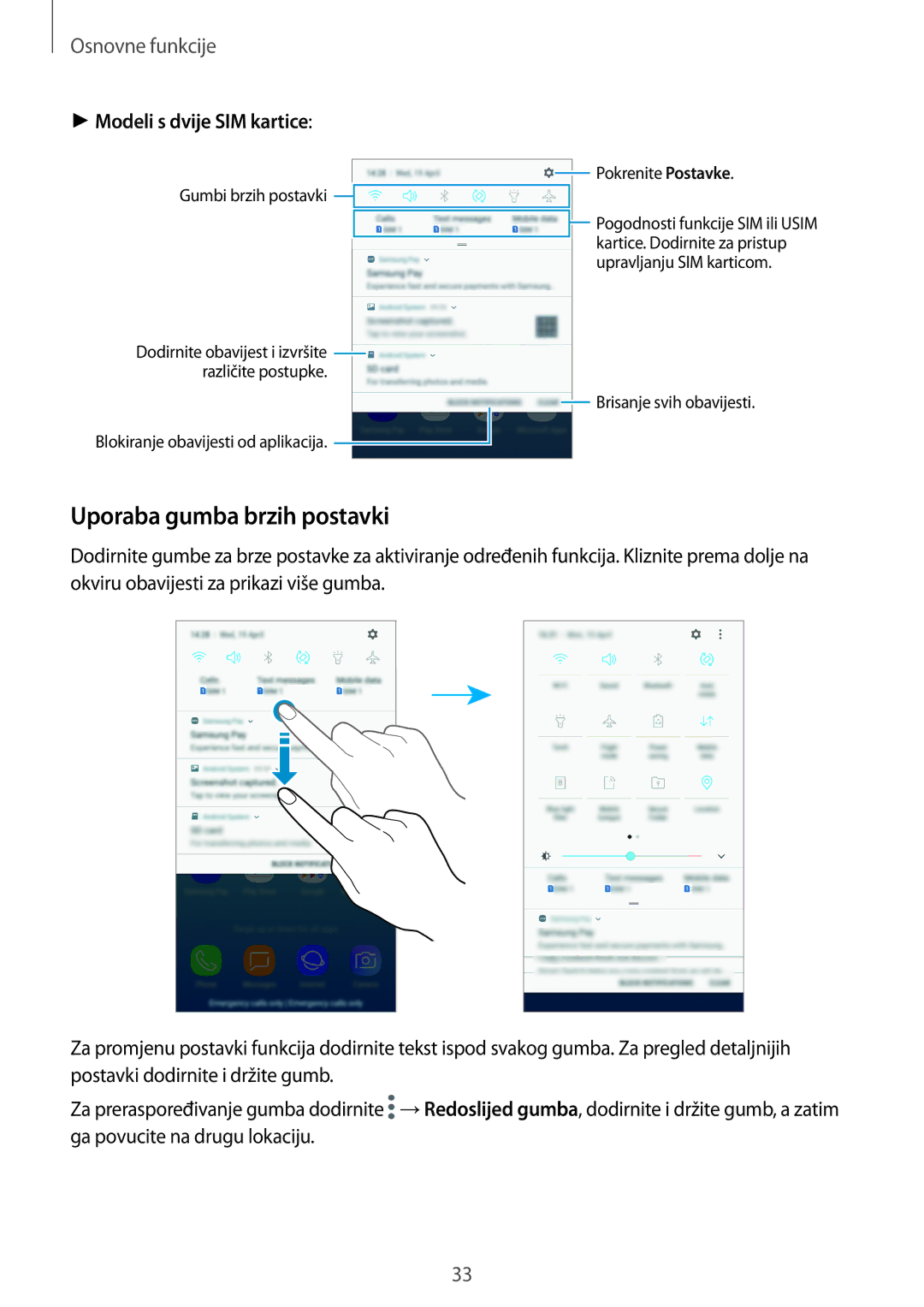 Samsung SM-J530FZDASEE, SM-J530FZKASEE manual Uporaba gumba brzih postavki, Modeli s dvije SIM kartice 